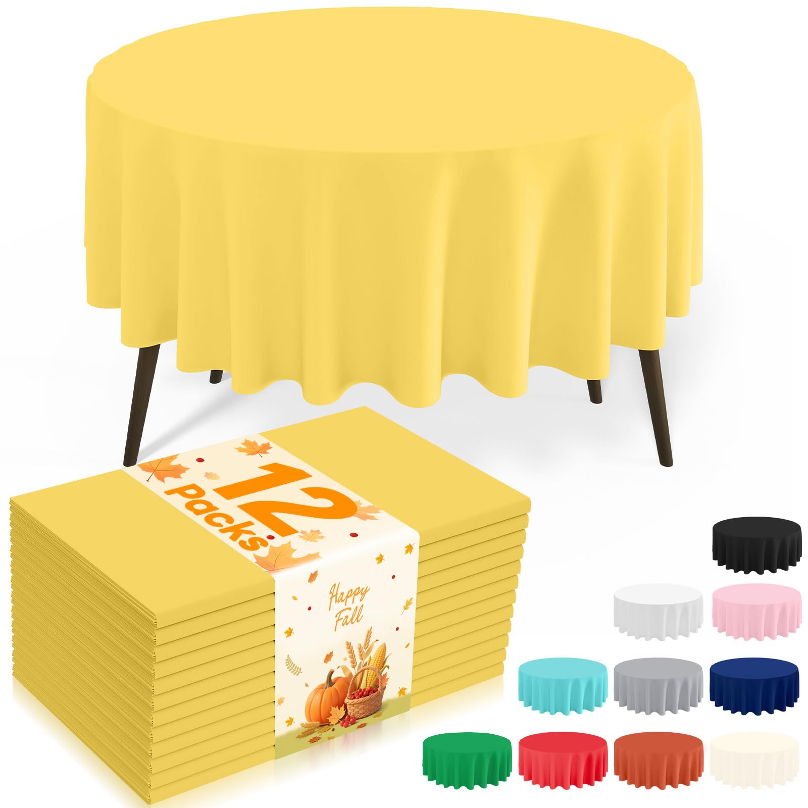misaya 12 Packs Disposable Plastic Table Cloth, 84" Round Waterproof Tablecloth, Leakproof &amp; Sturdy Decorative Table Covers for Picnic, Party, Outdoor and Back to School, Yellow