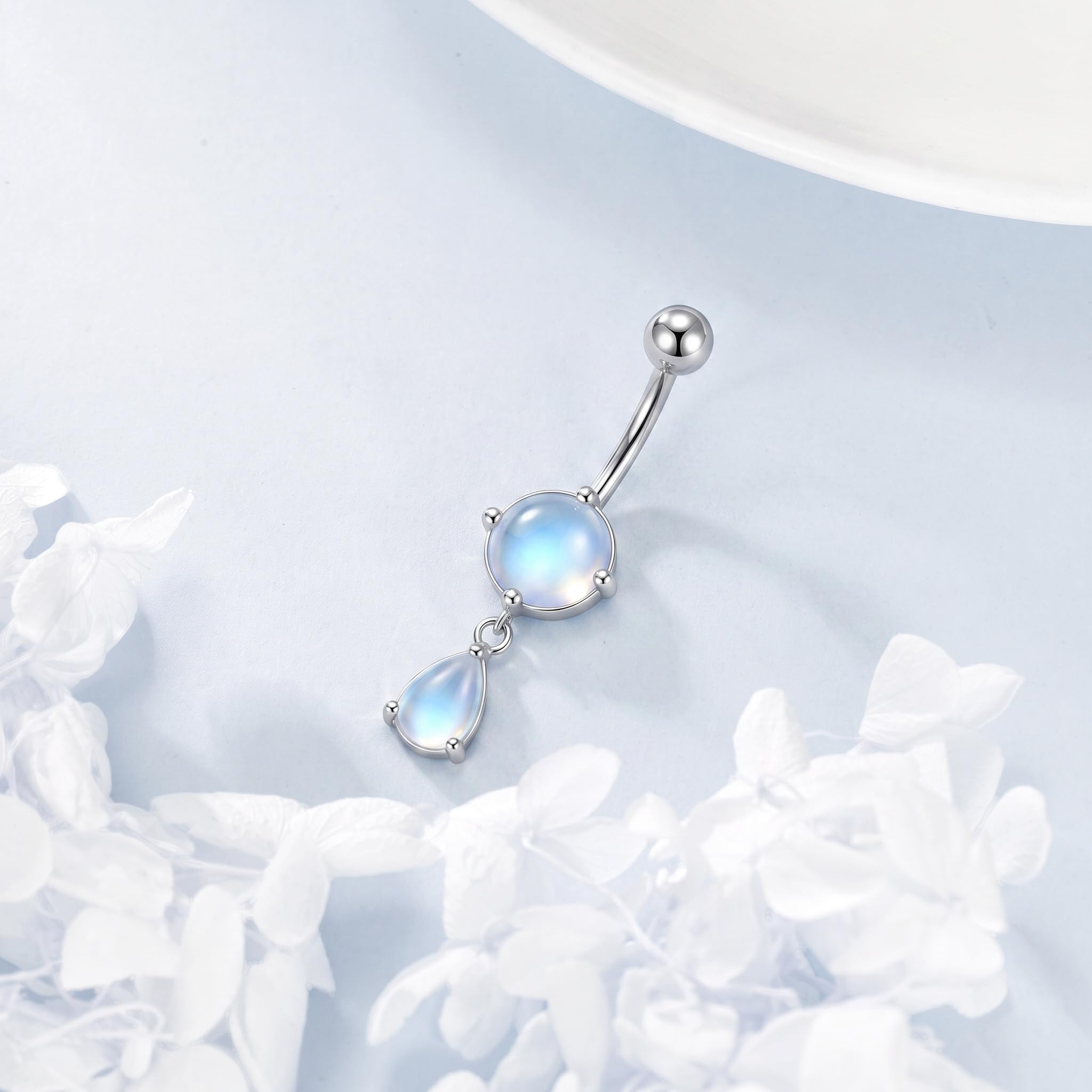 Piercing para ombligo con piedra lunar para mujer, plata de ley 925, 14 g, diseño elegante