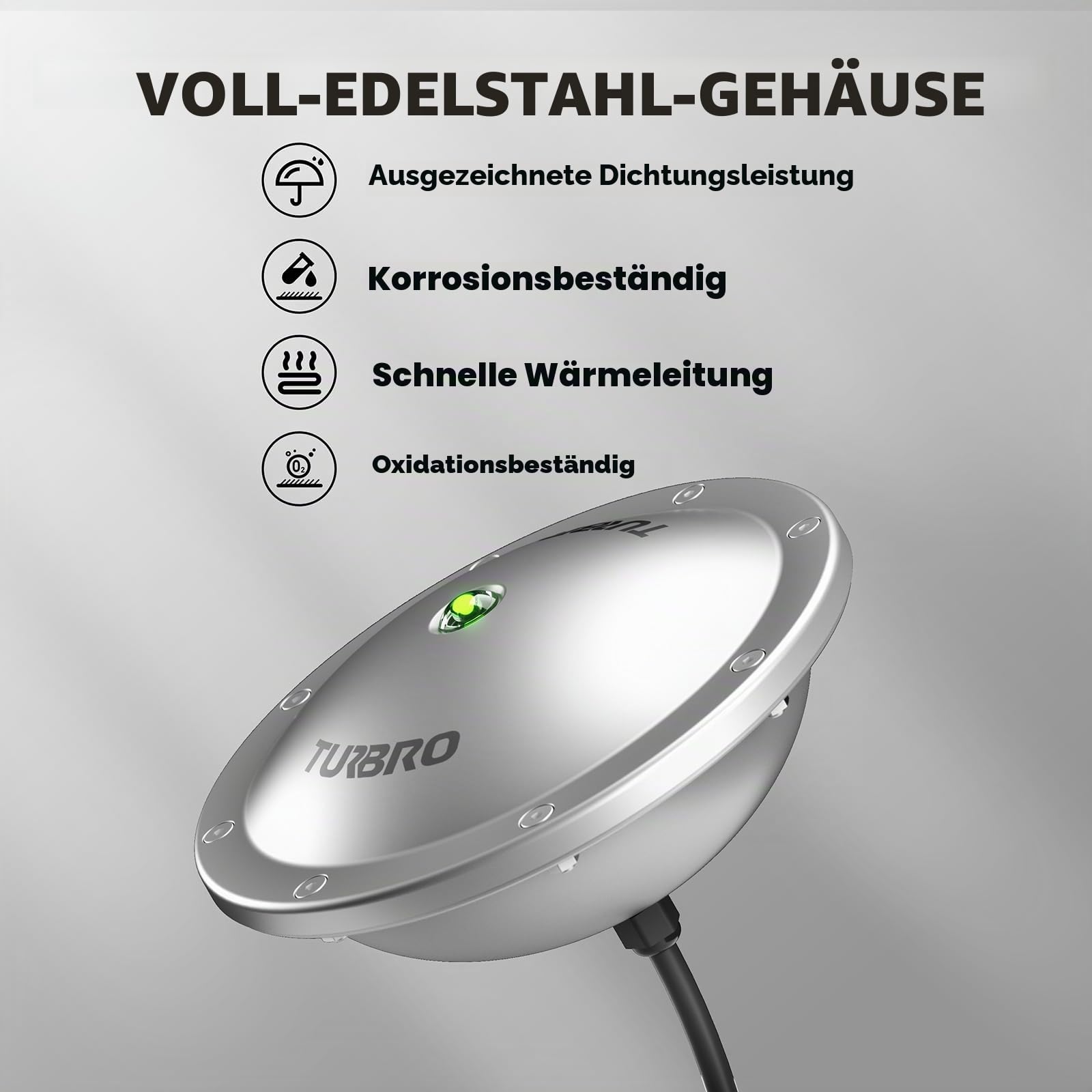 TURBRO Teichenteiser Schwimmender Teichheizung mit 10.0 m UL-zugelassener Schnur, Vollständiges Edelstahlgehäuse, GFCI-Leckschutzstecker, für Außenteiche mit Fischen, 400 Watt, PD400A, Silber