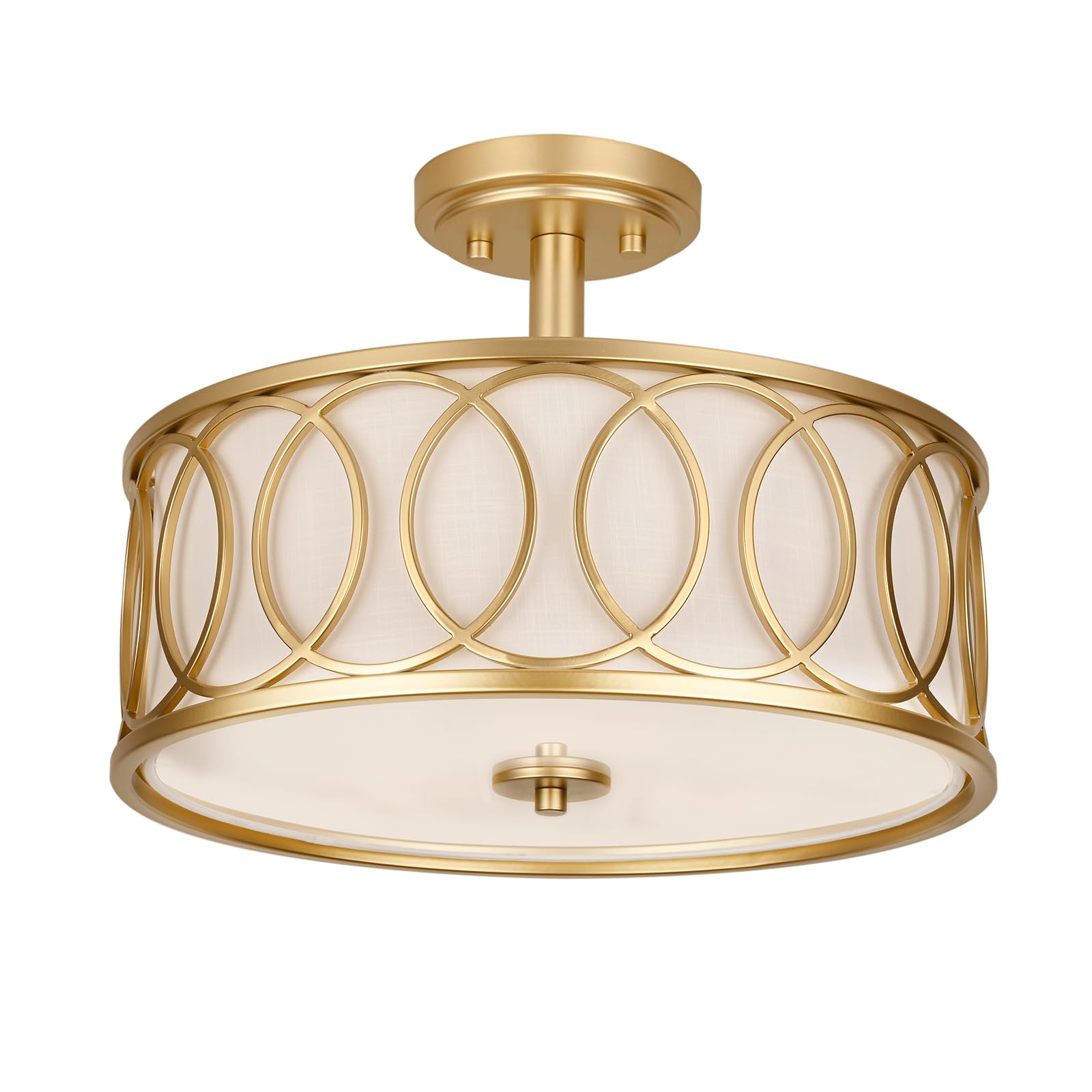 3-Light Semi Flush Mount Ceiling Light, 15" Drum Light with Fabric Shade, Modern Close to Ceiling Lamp for Living Room Bedroom Dining Room Kitchen Hallway Entry Foyer (Gold)