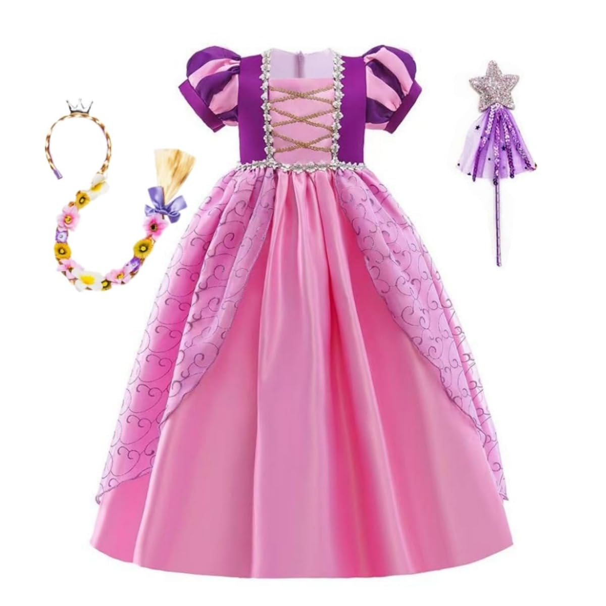 Belle & Moana Costume Rapunzel Bambina, Vestito Carnevale Rapunzel Bambina con Accessori Per Compleanno Partito Cosplay Natale Halloween