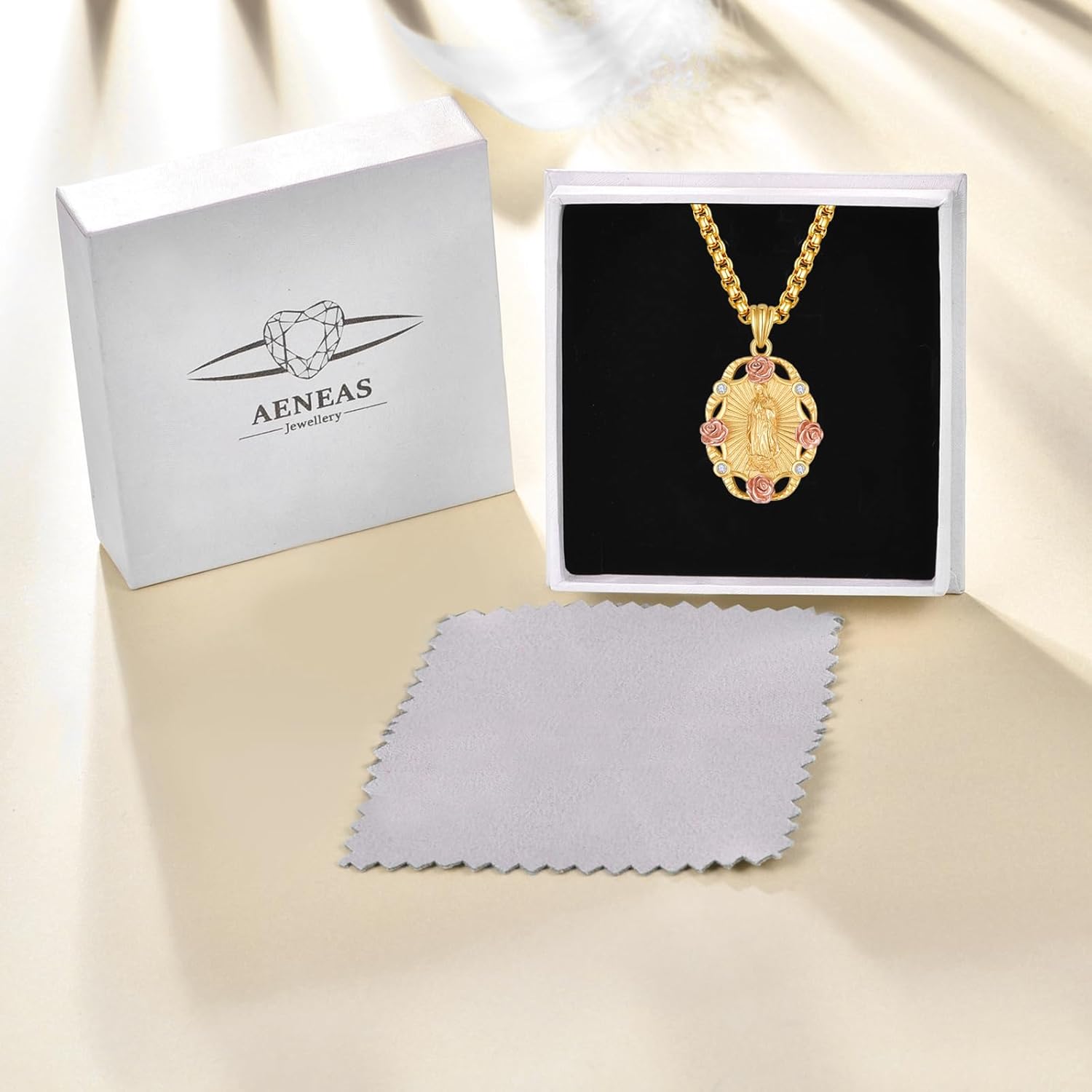 AENEAS Virgin Mary Necklace for Women Gold Plated Sterling Silver Our Lady of Guadalupe Pendant Rose Flower Miraculous Medal Jewelry Gift for Mom Wife - Image 7