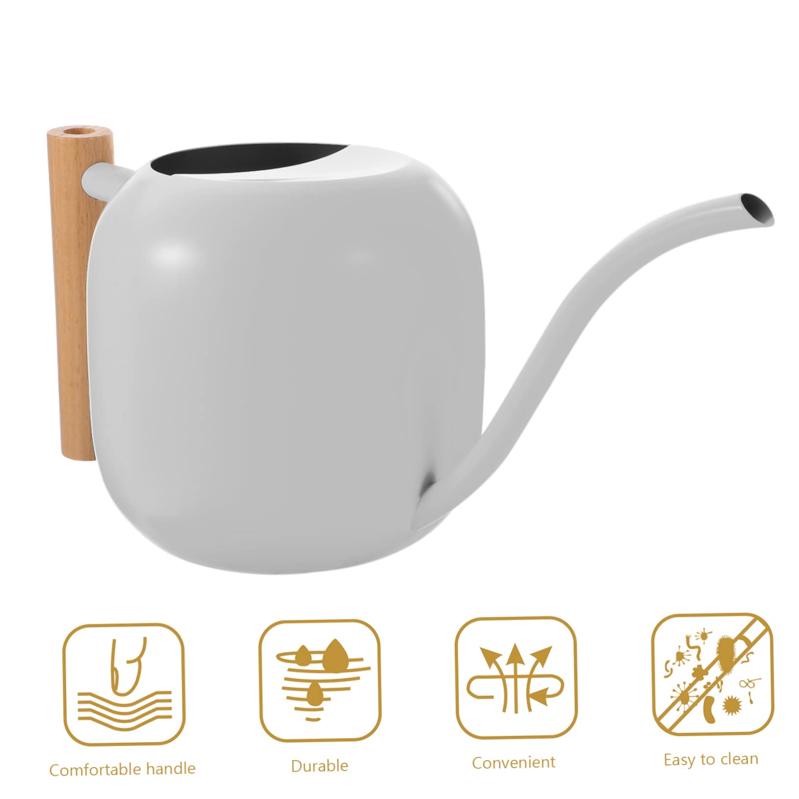 Gießkanne mit Langem Ausguss 1200ml Edelstahl mit Holzgriff | Vintage Stil, Weiß, zum Gießen von Pflanzen im Innenbereich, Leicht Nachzufüllen, Stabil