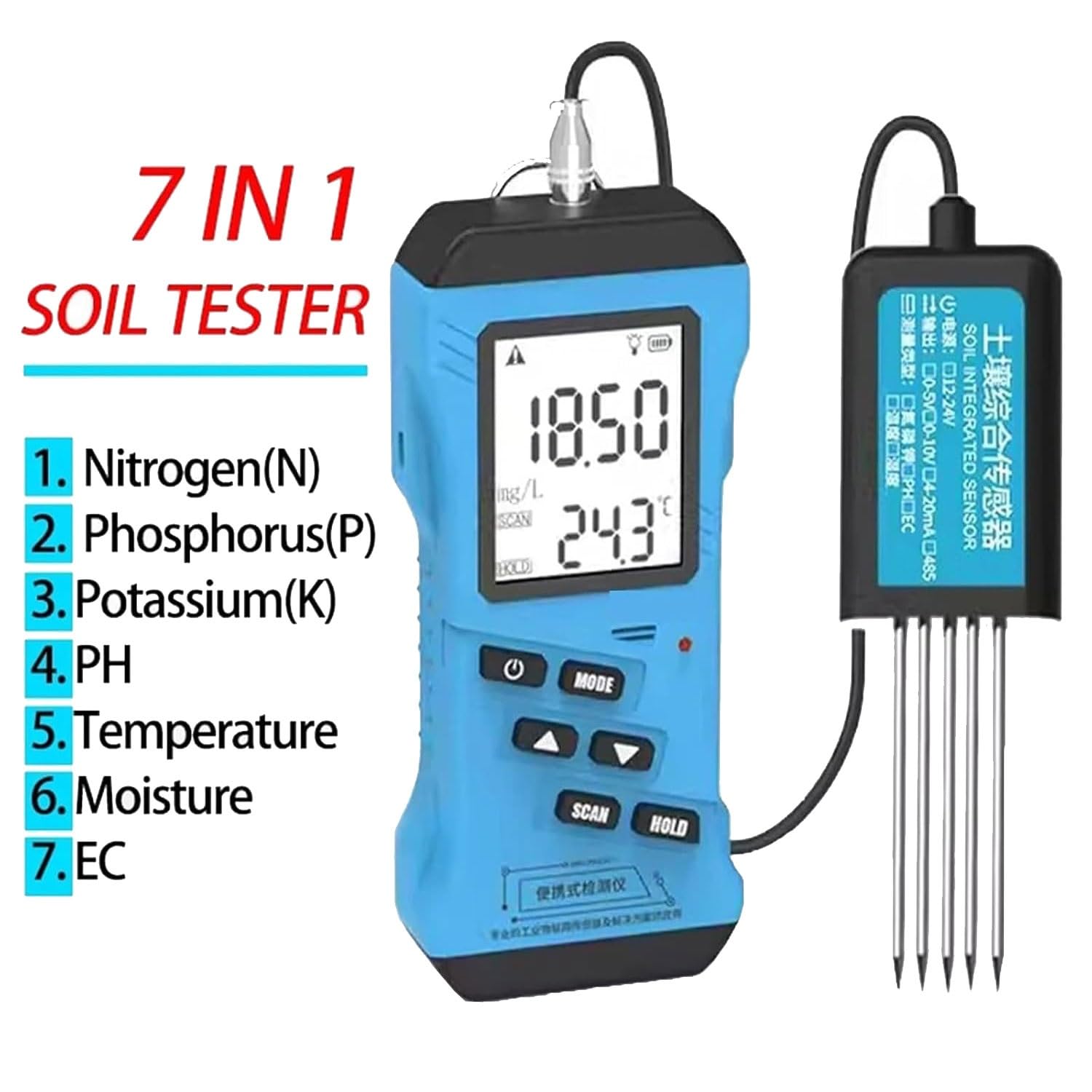 Probador digital de humedad del suelo con sensor NPK/PH/EC/humedad de alta precisión, pantalla LCD retroiluminada para jardín, granja, invernadero, análisis de temperatura y humedad