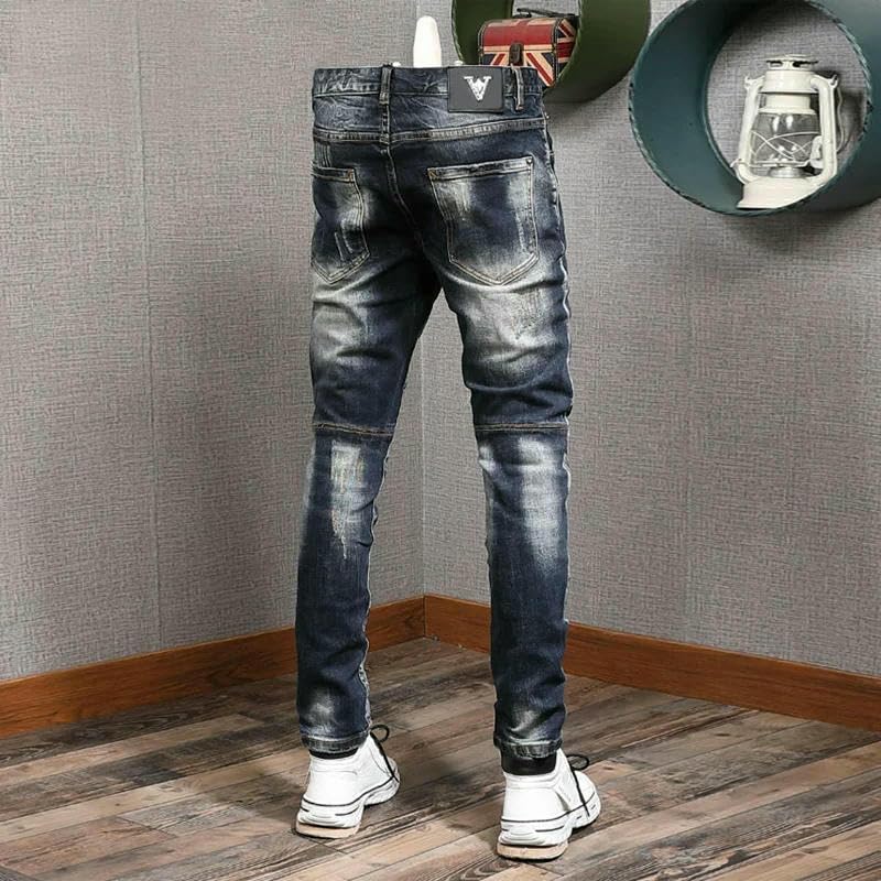Streetwear Mens Jeans Trousers Retro Black Blue Elastic Slim Fit Ripped Men Spliced Embroidery Hip Hop Denim Pants2