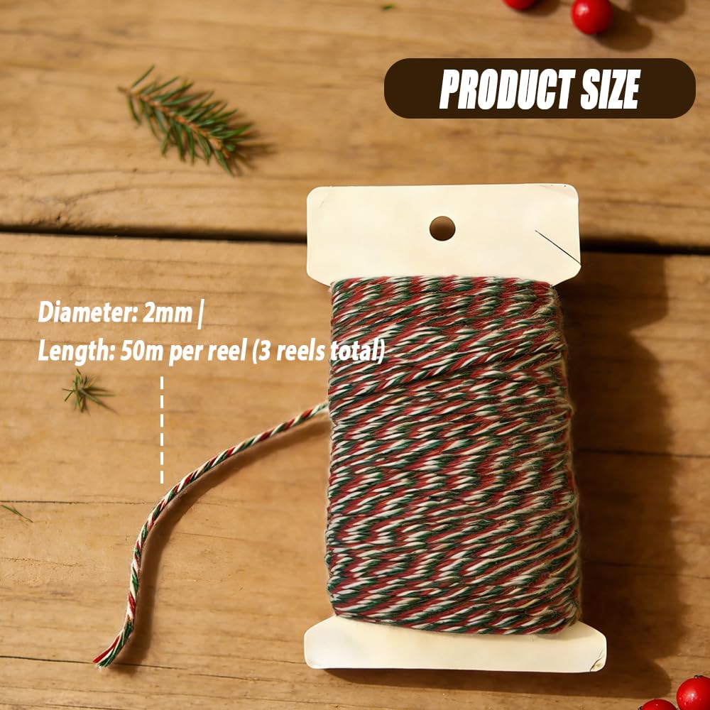 3 cuerdas de Navidad de 50 m, cuerda de algodón de 2 mm, rojo, verde y blanco, para decoración de manualidades, envoltura de regalos, decoración de Navidad (total 150 m).