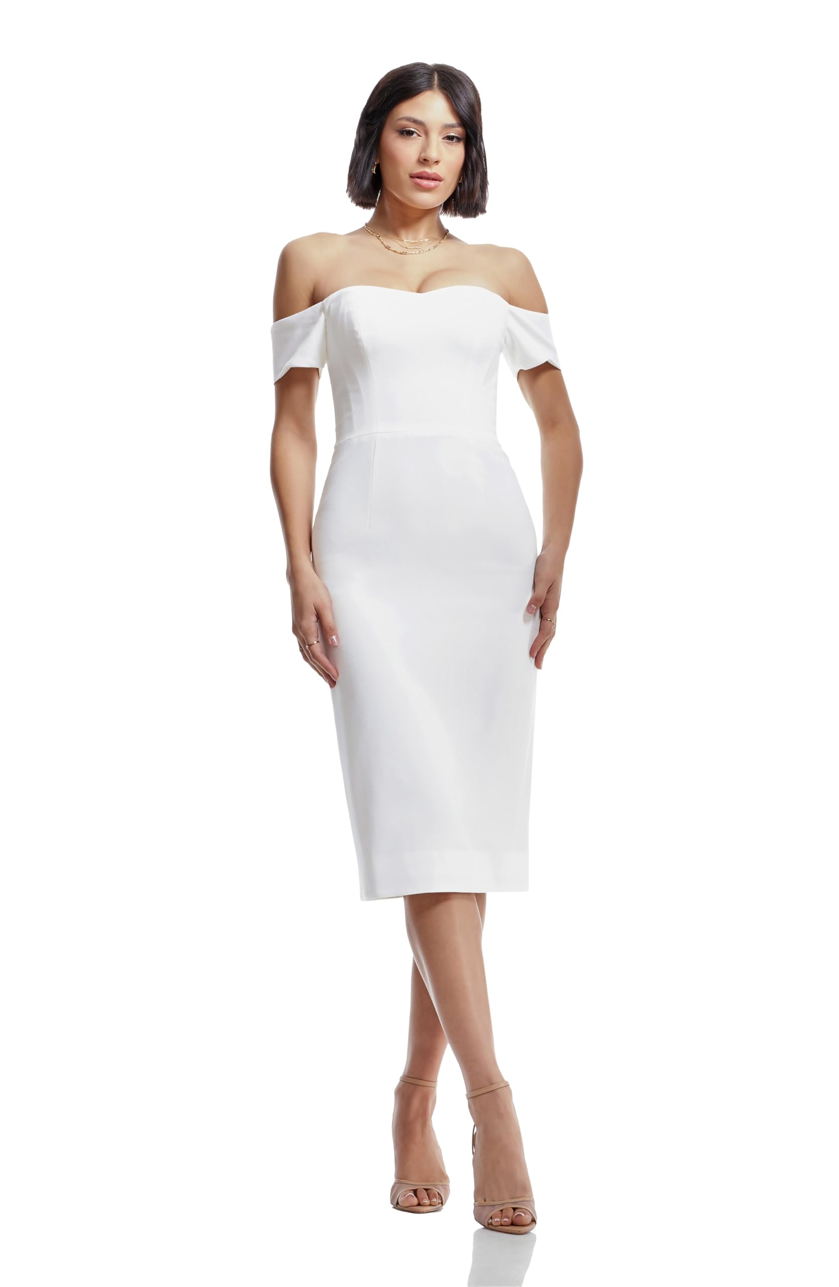 Dress the Population Women's Bailey Off The Shoulder Sweetheart Bodycon Midi Sheath Dress, White, XS