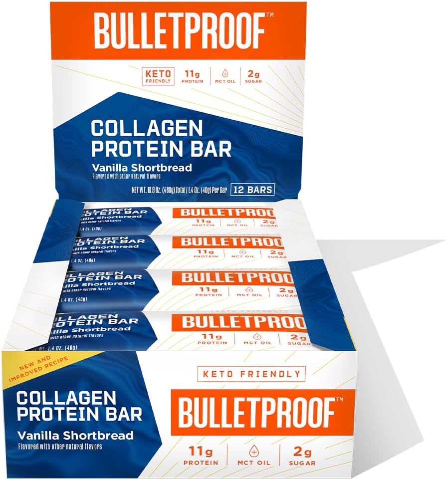 Bulletproof Collagen Protein Bars, Vanilla Shortbread, 11g Protein, 12 Pack, Grass Fed Healthy Snacks, Made with MCT Oil, 2g Sugar, No Added Sugar