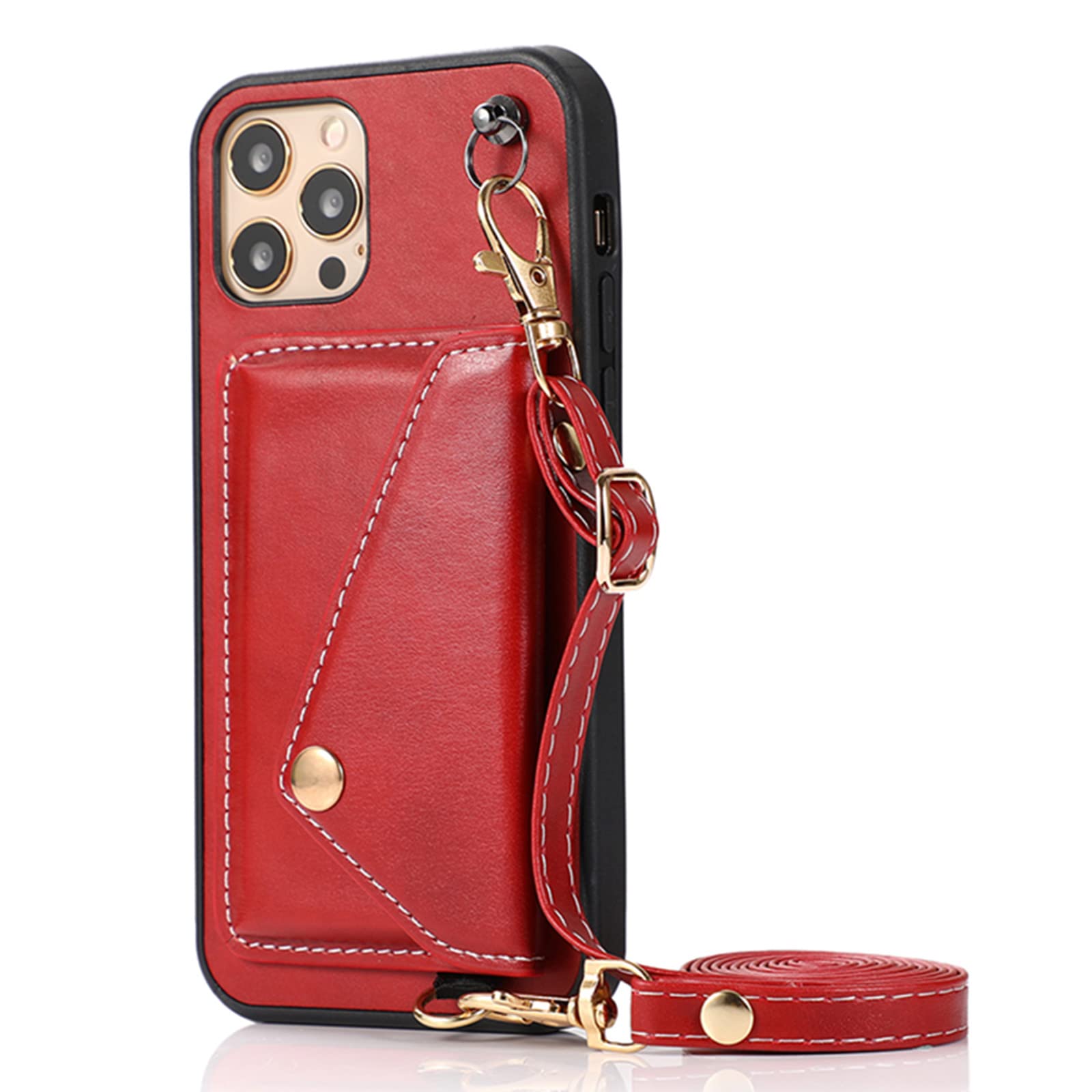 Custodia con Cordino per iPhone 13 PRO Max/13 Pro/13/13 Mini, Cover Portafoglio in Pelle PU con Chiusura Magnetica, Laccio Tracolla Cordoncino Custodia,Rosso,13 6.1"