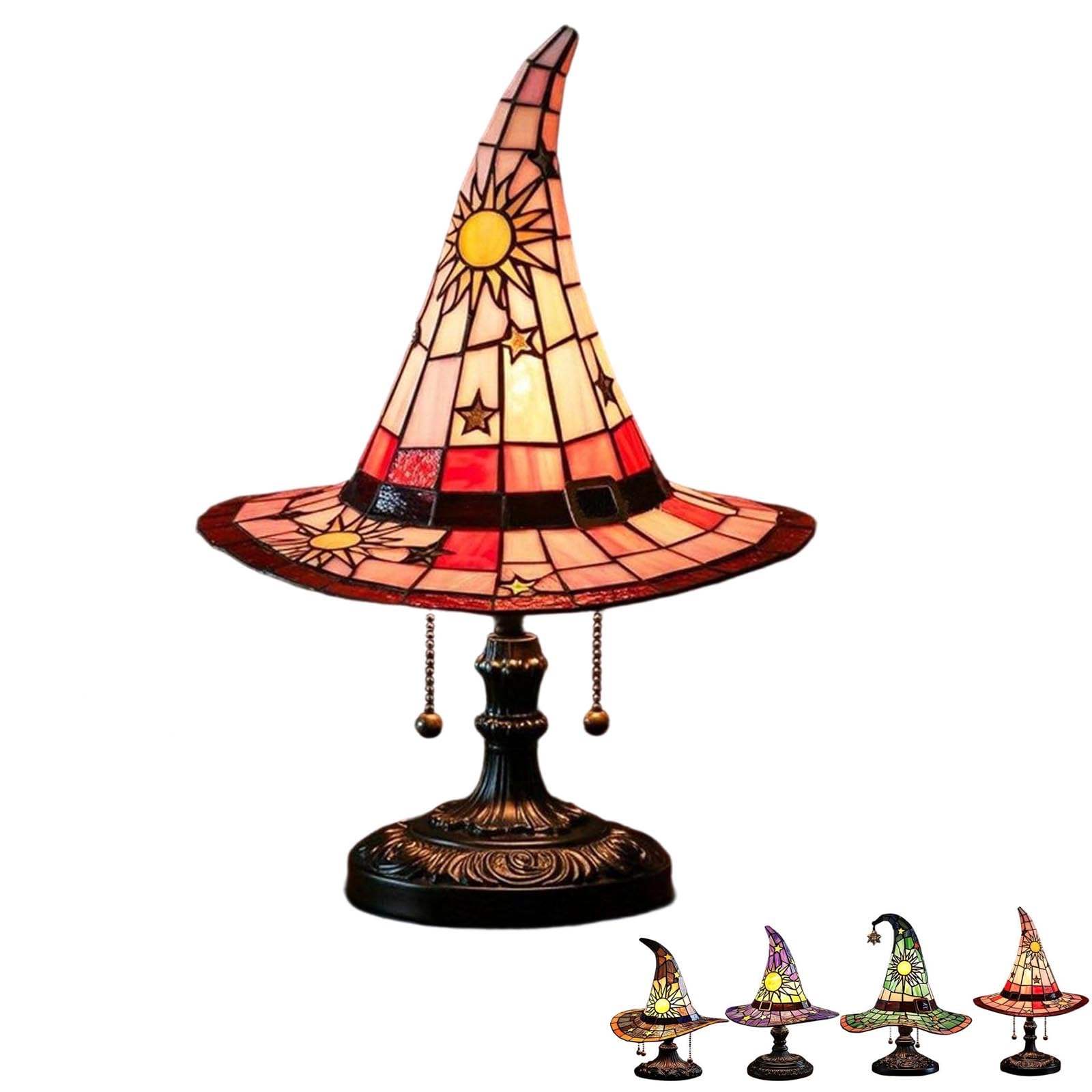 2026 Stained Glass Witch Hat Lamp - Handcrafted Retro Resin Witch Lamp, USB Powered Gothic Wizard Hats Night Light, Halloween Home Decor Accent Lamps for Bedroom & BookDesk (Red) — image 1
