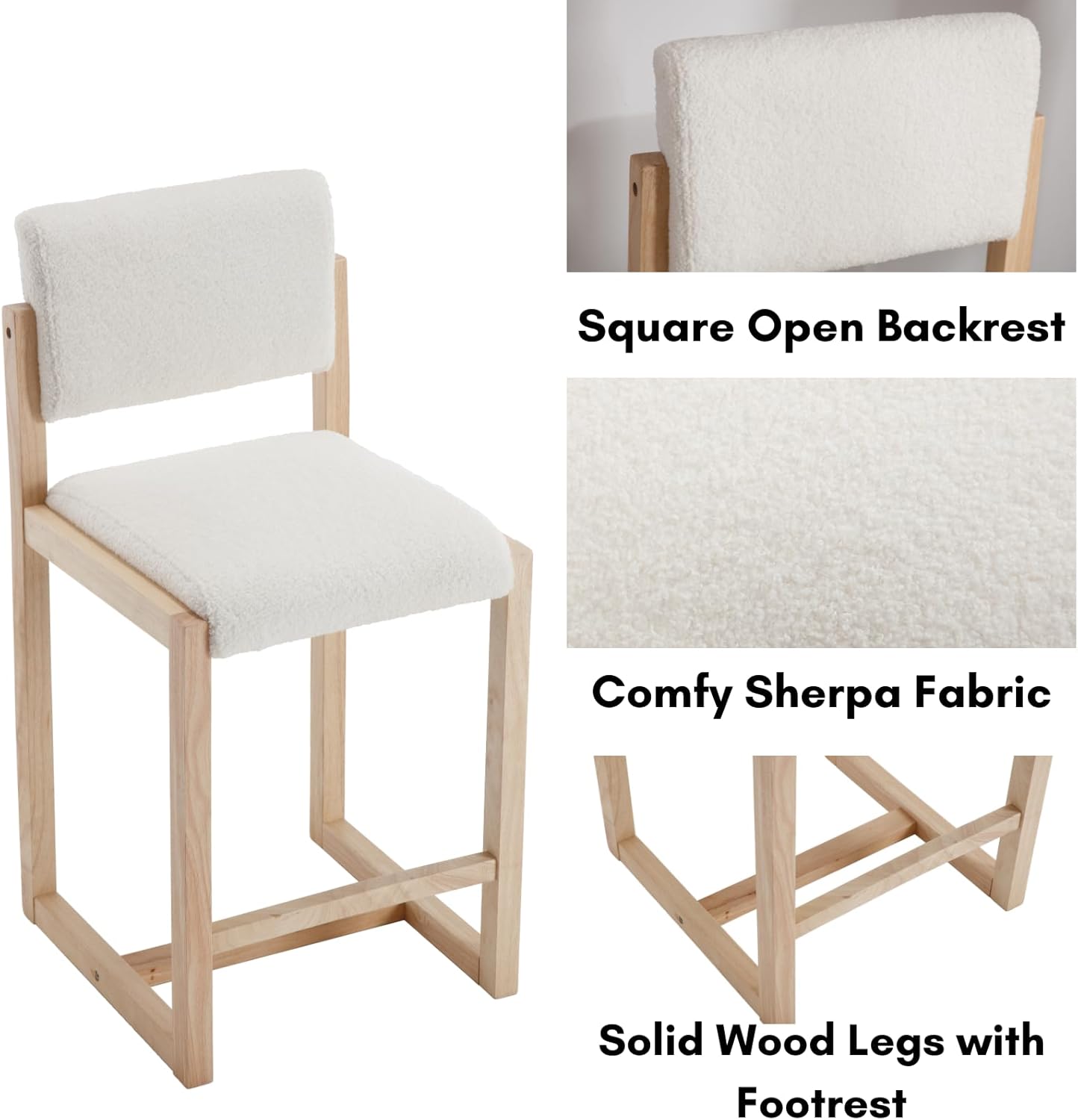 LukeAlon Sherpa Counter Stools Set of 2, Upholstered 26" Seat Height Counter Height Bar Stools with Wood Legs Farmhouse Open Back Dining Stools with Footrest for Home Pub Kitchen, White