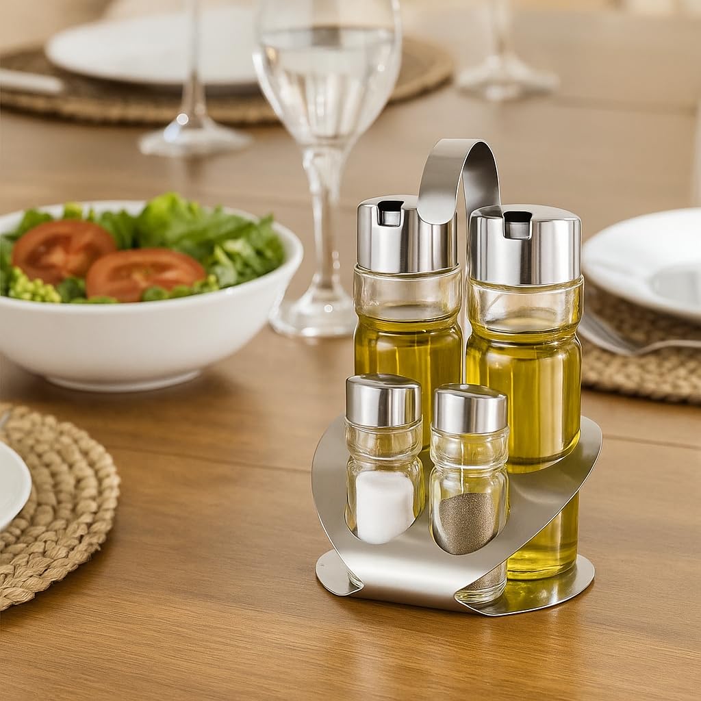 MGE - Set Olio e Aceto con Sale e Pepe - 4 Pezzi con Supporto in Acciaio Inox - Bottiglie in Vetro Ricaricabili Antigoccia - Elegante per Cucina e Tavola