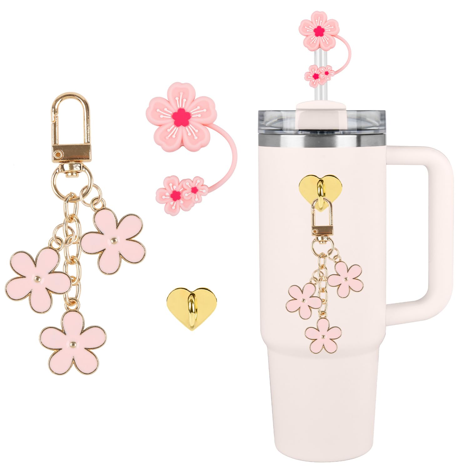 Cup Accessories Set for Stanley Cup 30 oz 40 oz, Tumbler Decorations for Stanley, Straw Toppers for Stanley Cup Straw Cover Cap, Pink Flower Keychain, Heart Hook