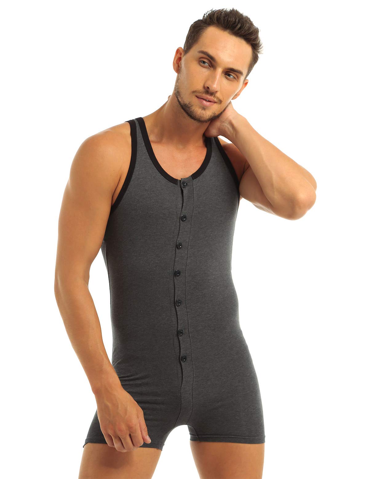 tuta da uomo in cotone con gamba, senza maniche, canotta sportiva, biancheria intima con bottoni, body da uomo grigio. L