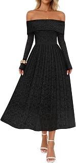 Women's 2025 Fall Long Sleeve Floral Midi Dress Off Shoulder Wedding Guest Formal Long Flowy Dresses
