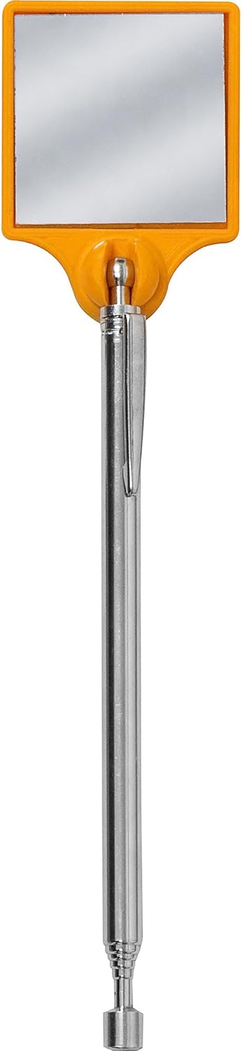 MAG-MATE 301G240HVO High-Visibility Telescoping Rectangular Stainless Steel Inspection Mirror, 2 x 2 Telescoping Mirror with Collapsible Brass Shaft, 28 Extended Length, Orange Hivis