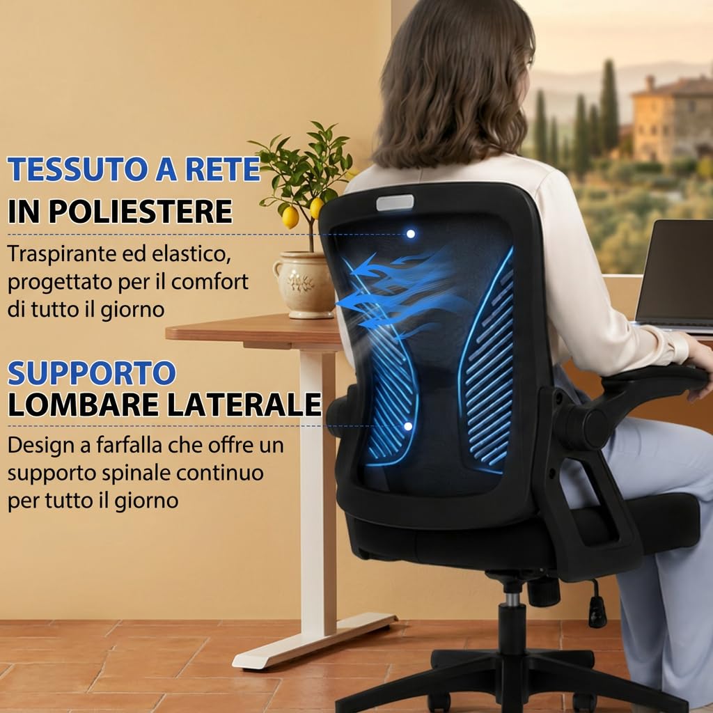 Sedia Ufficio Ergonomica, Sedia da Scrivania in Rete Traspirante con Supporto Lombare, Braccioli Ribaltabili a 90°, Altezza Regolabile, Inclinabile, Girevole 360°, Portata 130 kg, Nera