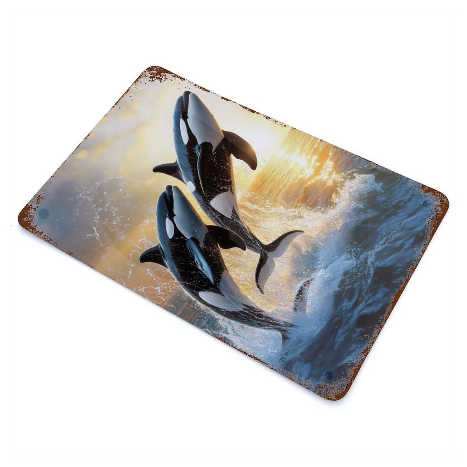 Orcas Leaping at Sunset Weathered Tin Sign 11.8"x7.9", for Patio, Garden Room And Bar Decor, Farmhouse Wall Decor