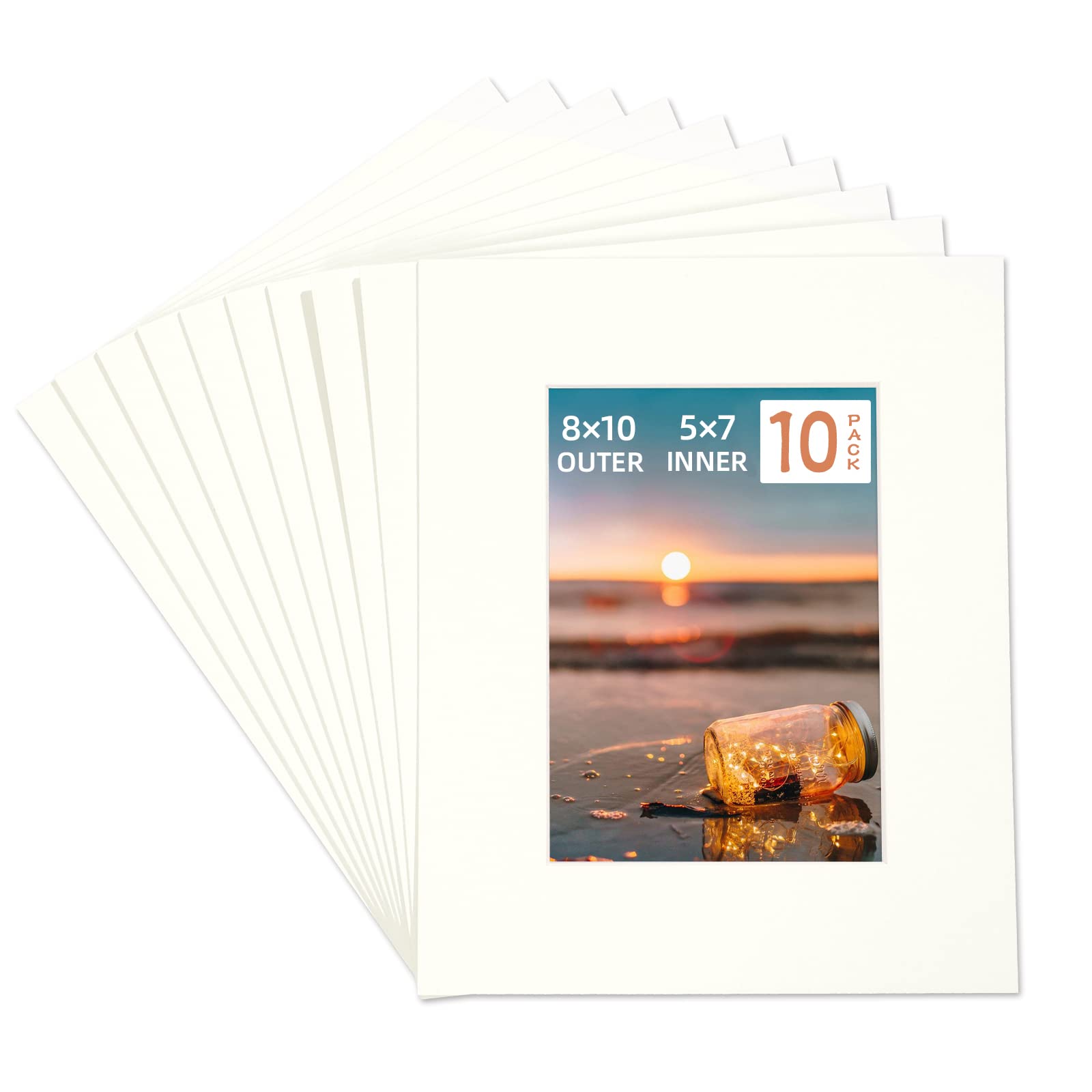 HOTUO 10 Pack Acid Free Ivory Picture Frame Mats, Pre-Cut 8x10 Picture Mats with Ivory Core Bevel Cut for 5x7 Photo, Signature Friendly 4 Ply Thickness Photo Mat for Frames/Artwork/Prints/Pictures