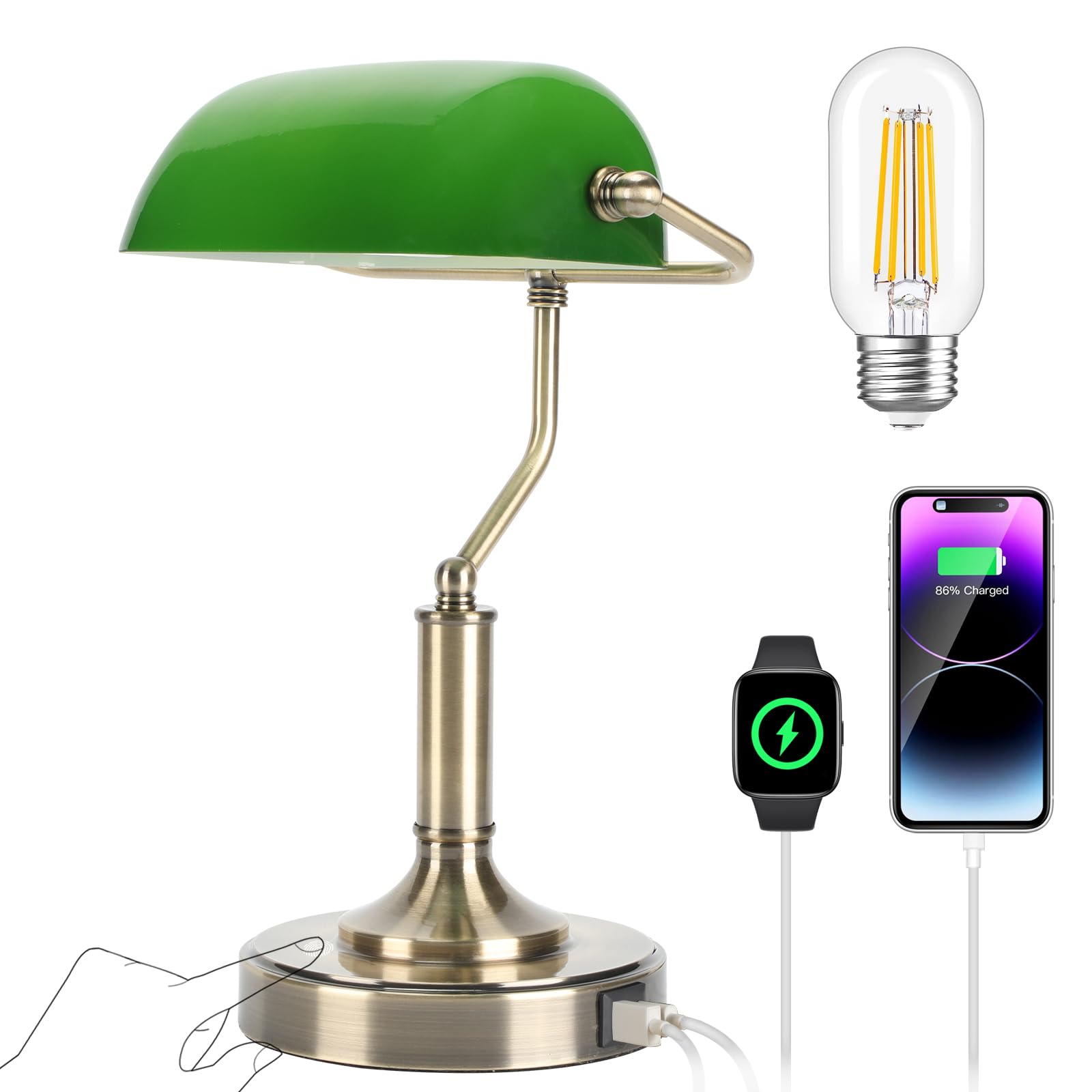 Bankers Lamp, Green Desk Lamp with Touch Control Switch, Retro Lamp with USB and Type C Charging Ports, Vintage Lamp for Home Office, Piano, Library, LED Bulb Included (Vintage)
