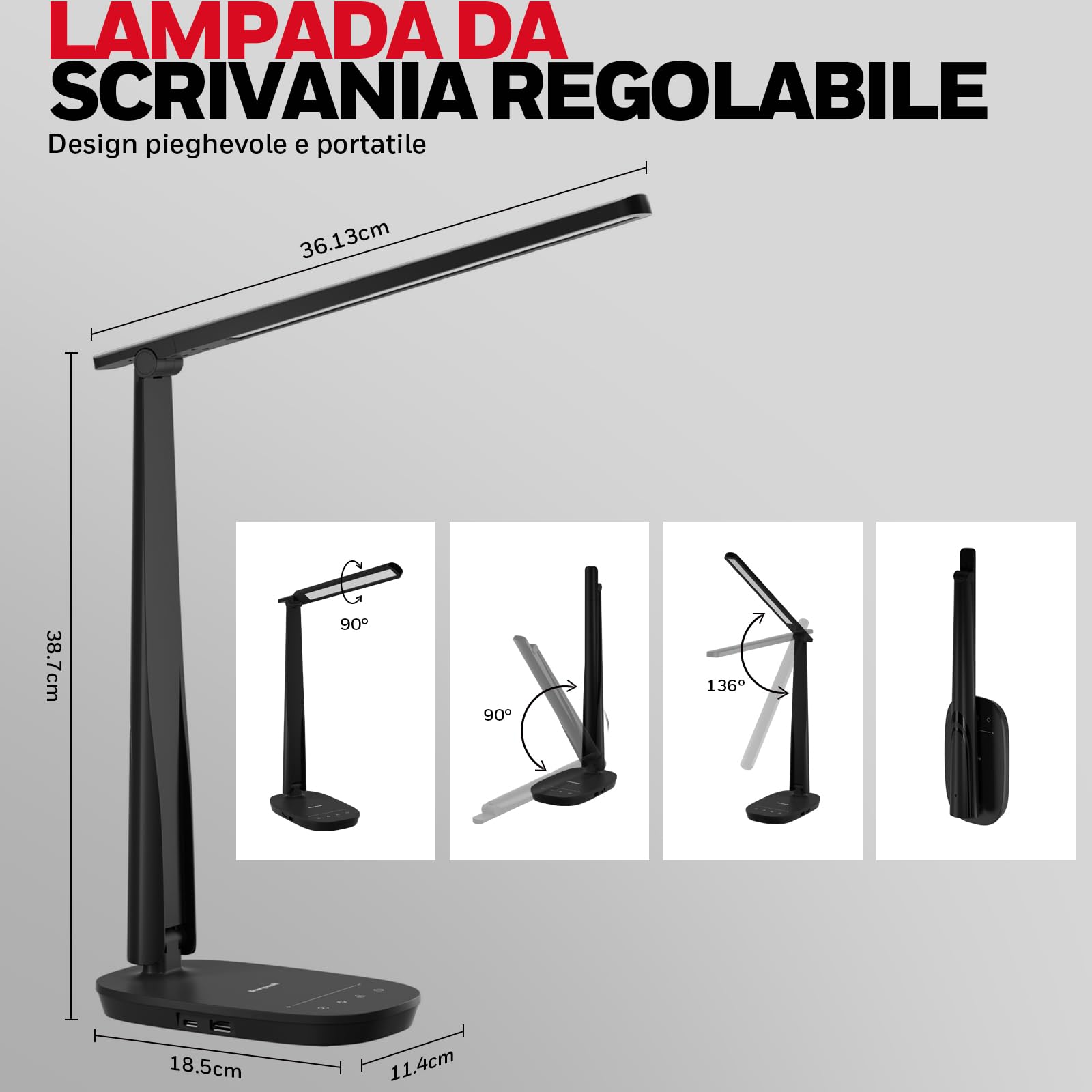 Honeywell HWT-H2 Lampada da Scrivania LED, Luce a Spettro Completo CRI94, Lampada da Tavolo Dimmerabile con Porte USB-A e USB-C, Controllo Touch, Lampada Pieghevole per Ufficio, Lettura e Studio, Nero