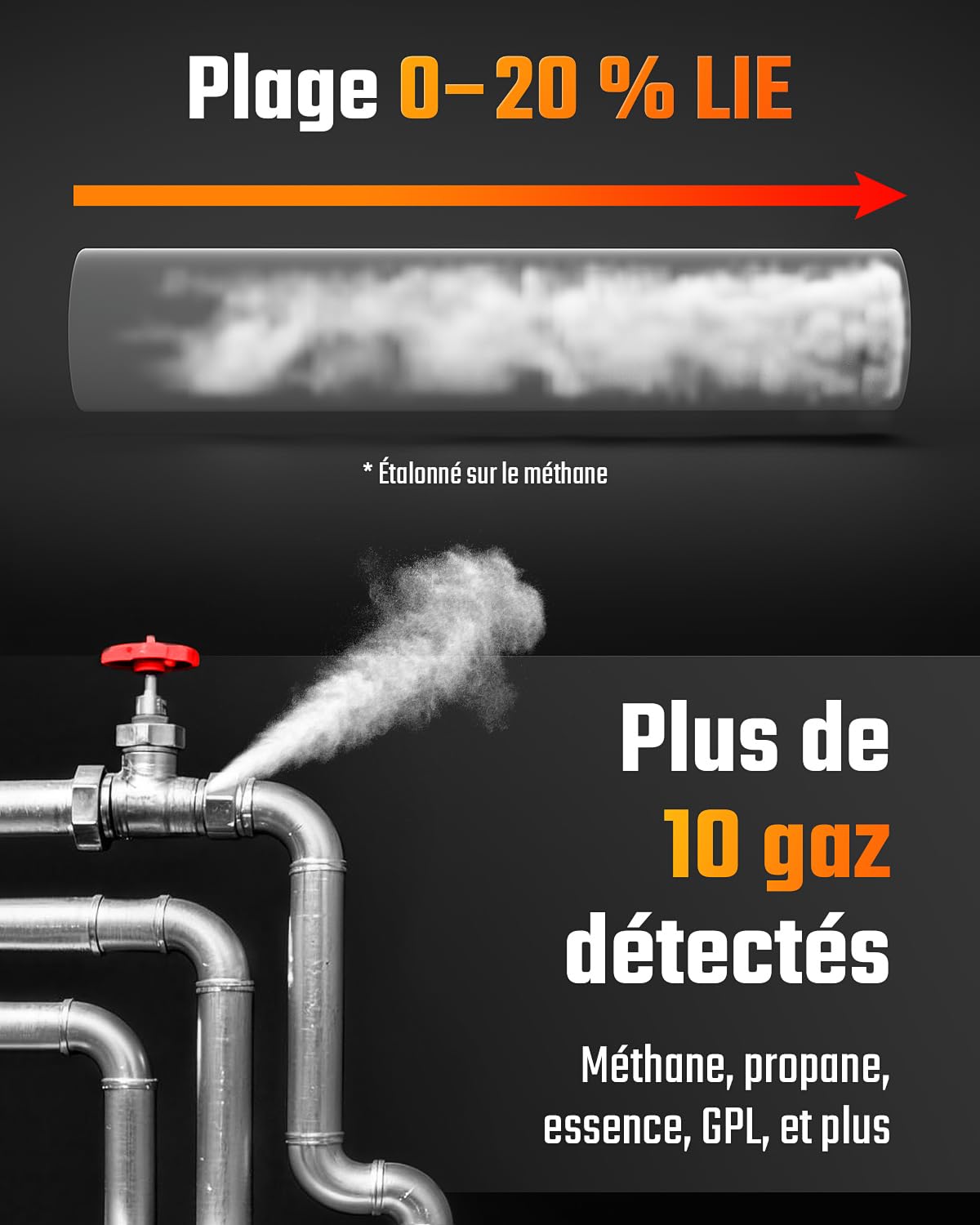 TopTes PT-356 Détecteur de gaz Rechargeable avec col de Cygne de 25 cm, Plage 0-20% LEL, système d’Alarme Triple, détecteur de Fuite de gaz à Double Affichage pour méthane, Butane, Propane