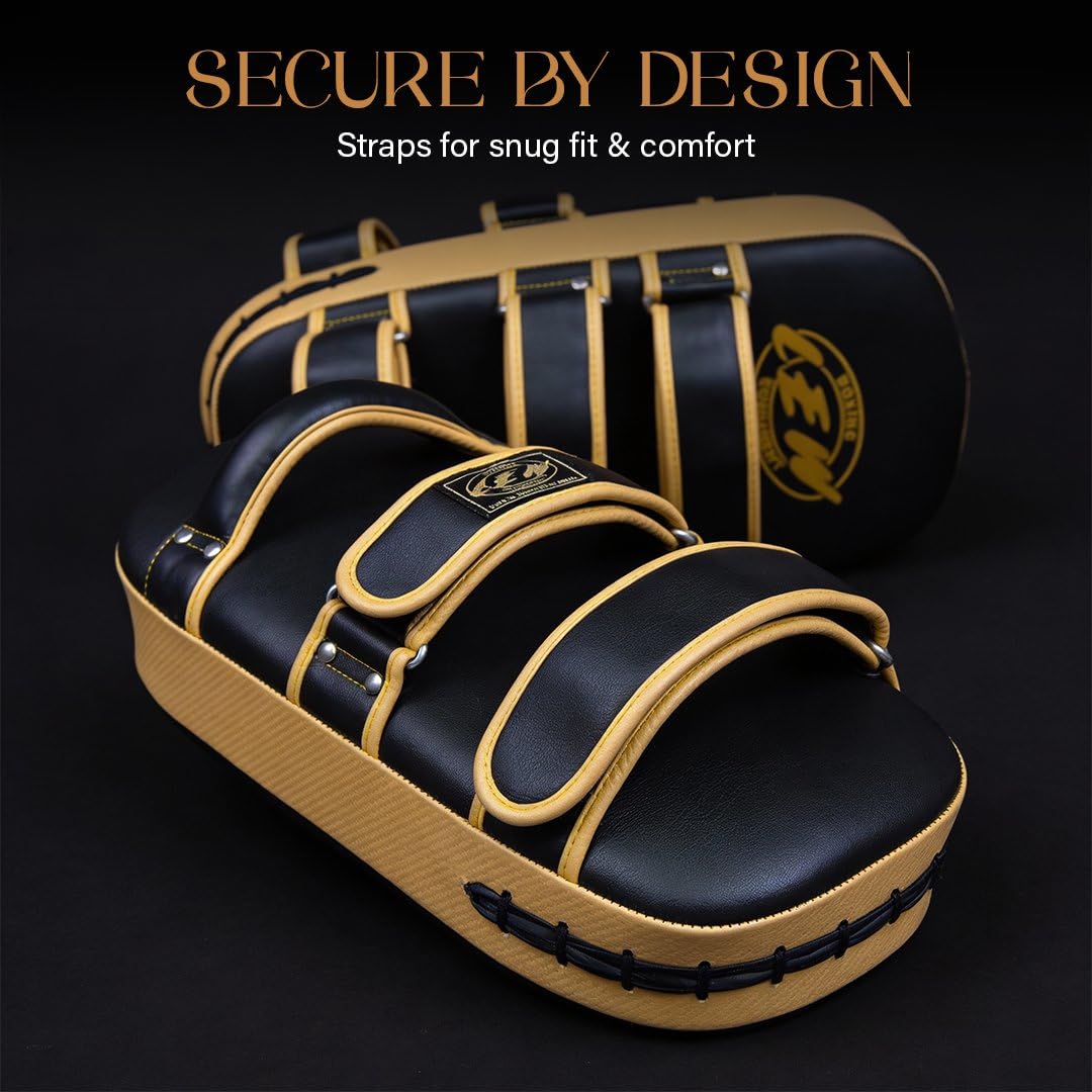 Aurum Muay Thai Kick Pads Pair, Synthetic Leather Thai Boxing Training Pads, Multilayer Foam Padded Strike Shields, 16 x 8 x 6 Inch, Black Gold, 3 Kg 2