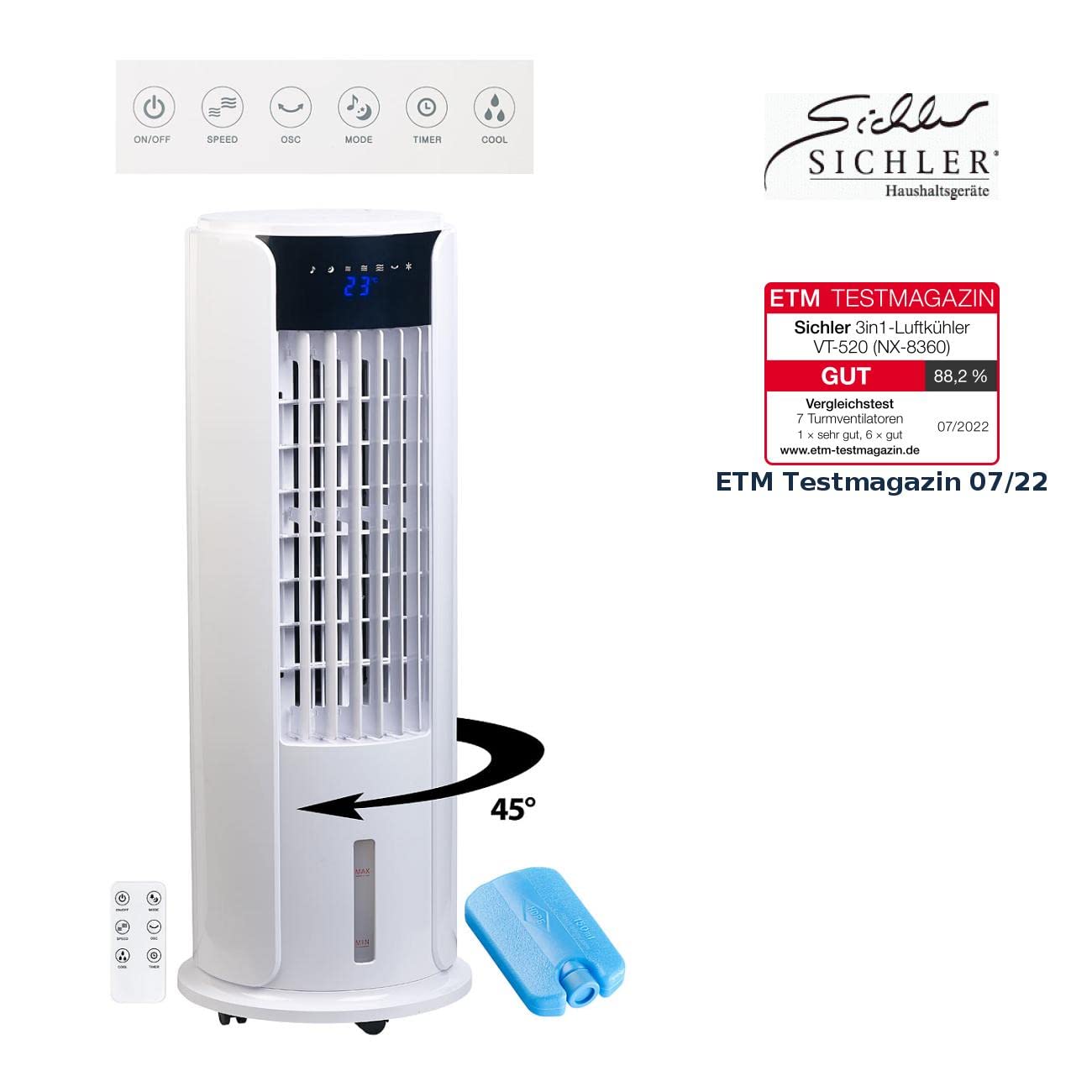 Sichler Haushaltsgeräte 3in1-Luftkühler Turmventilator Luftbefeuchter 60 Watt 3-l-Tank Kühlakku