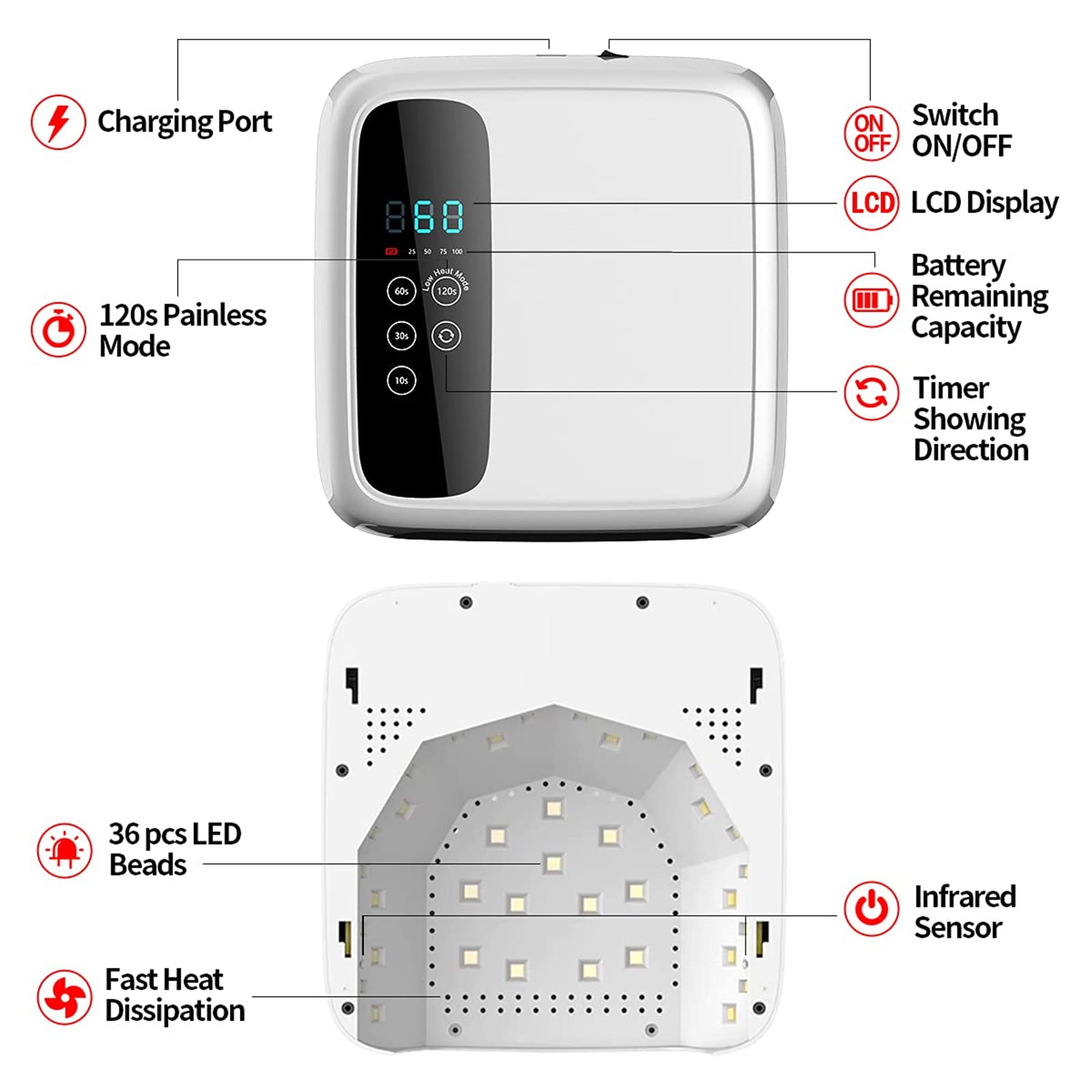 ZYC Lampada per Unghie a LED Senza Fili UV 72W Ricaricabile 15600mAH Lampada arricciacapelli per Smalto Professionale per Unghie in Gel per Tutti Gli smalti per Unghie in Gel