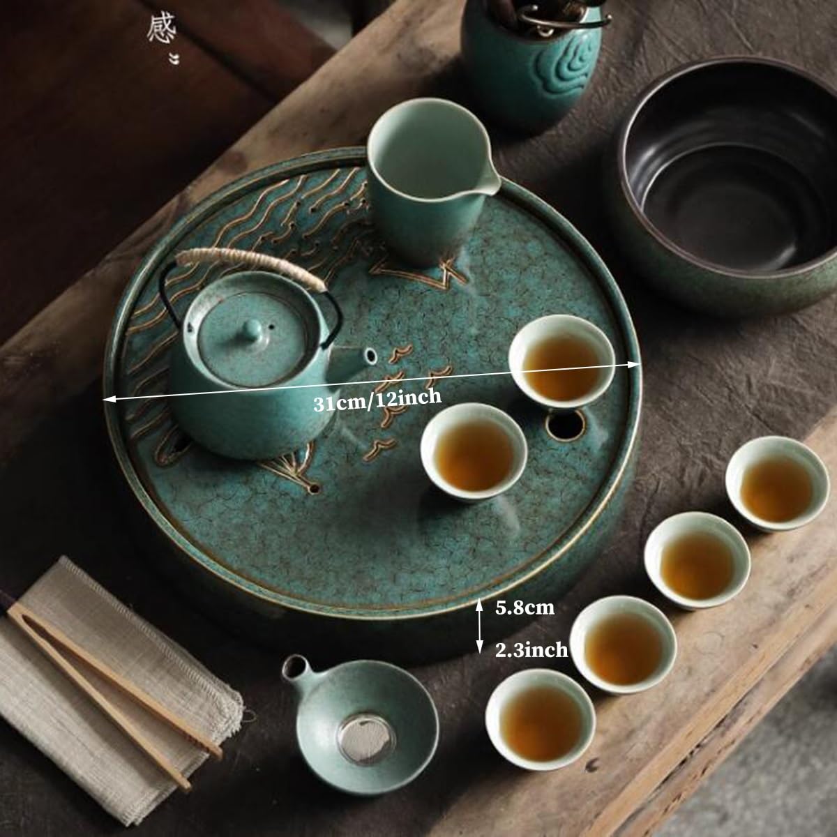 Ceramic Blue Vintage Tea Set with 6 Tea Cups, Teapot, Tea Drain