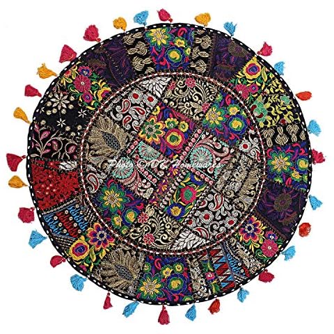 DK Homewares Ethnic Indian Patchwork Black Floor Cushion Cover For Baby 32 X 32 Inches Living Room Decorative Vintage Cotton Embroidered 80 Cm Cover