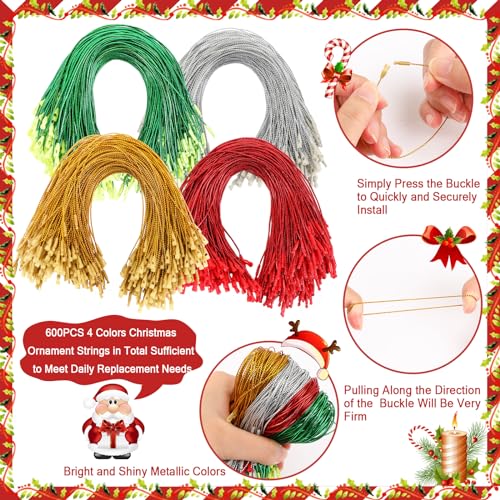 JUNEBRUSHS 600Pcs Christmas Ornament Hooks, Ornament Hangers with Snap Ornament String for Christmas Tree Holiday Party Hanging Decorations Ropes Easy and Fast Locking (Gold Silver Red Green)