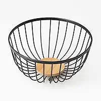 Fruteira Aramada Decorativa, Ferro e MDF, Preta com Base em Madeira, 25x25x13,5cm, Design Moderno para Cozinha