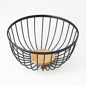 Fruteira Aramada Decorativa, Ferro e MDF, Preta com Base em Madeira, 25x25x13,5cm, Design Moderno para Cozinha
