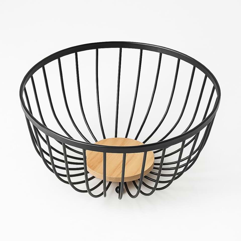 Fruteira Aramada Decorativa, Ferro e MDF, Preta com Base em Madeira, 25x25x13,5cm, Design Moderno para Cozinha