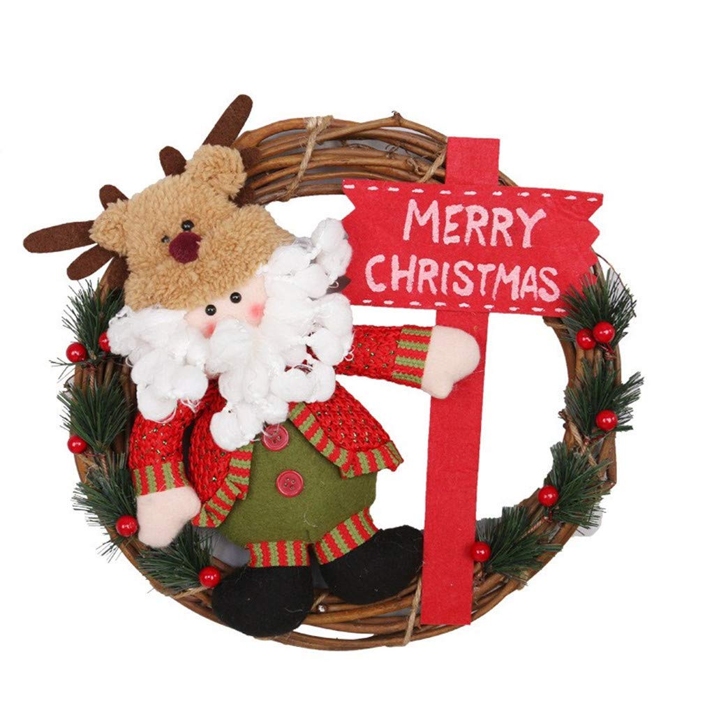 Ulalaza Merry Christmas Wreath Santa Claus Snowman Reindeer Dolls Artificial Rattan Hanging Ornaments Home Wall Window Kitchen Hall Decor