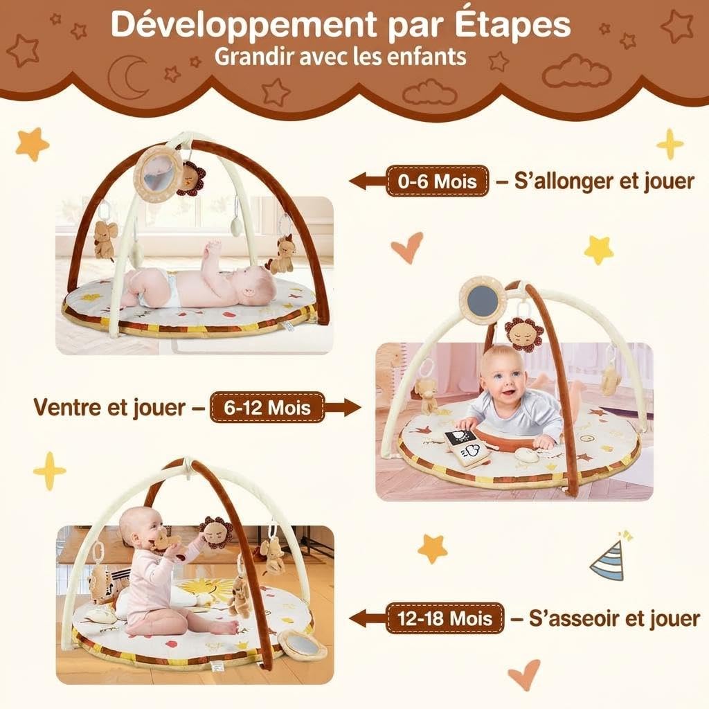 Tapis d'Éveil Bébé 2 En 1 Avec 9 Jouets Détachables Et Sensoriels 0-12 Mois