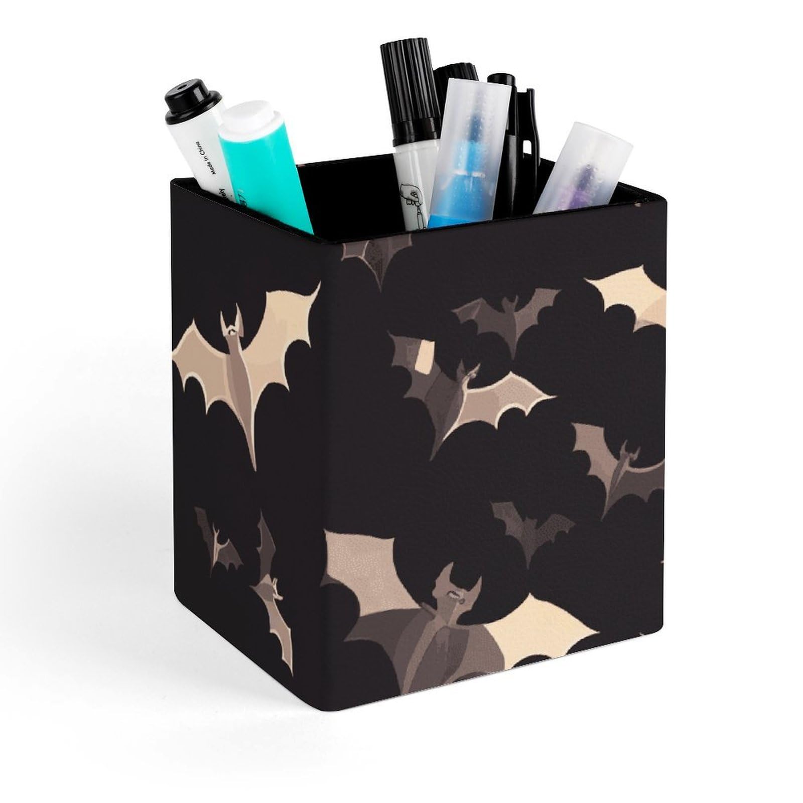 DWVTSLH Aesthetic Pen Holder for Desk - Modern Leather Pencil Holder - Stylish Square Makeup Brush Holder - Halloween Flying Bats Pen Cup Cute And Functional Desk Organizer for Office Supplies