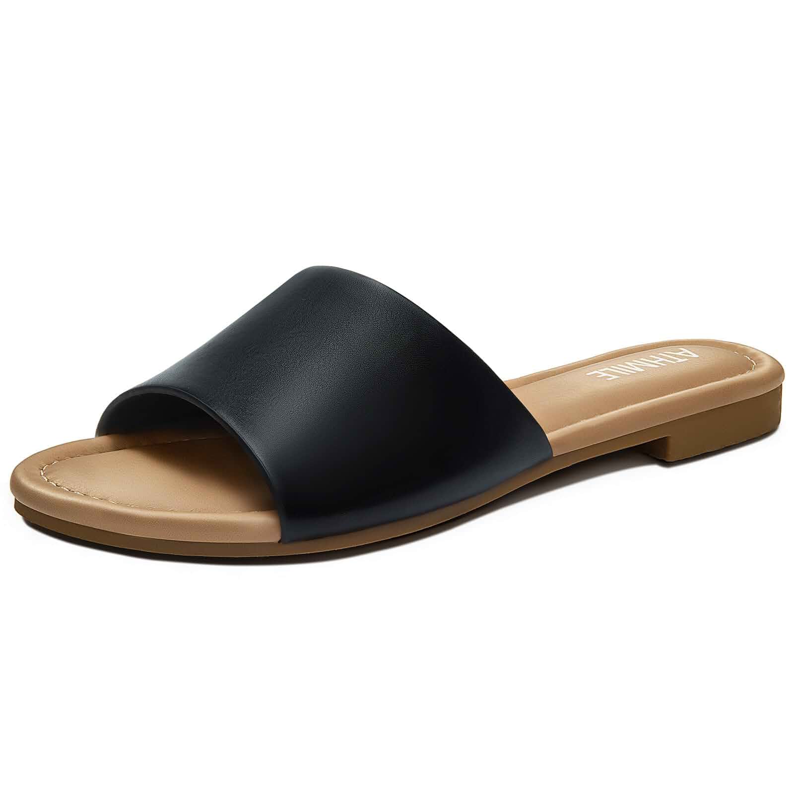 ATHMILE Sandals for Women One Band Womens Sandals Dressy Open Toe Flats Summer Slides for Casual Party Beach Vacation Daily Wear Cute Comfort Black Brown White