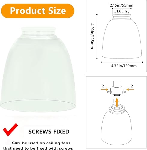 Miniatura 2 de Paquete de 4 fundas de repuesto para ventiladores de techo, pantallas de vidrio transparente con forma de campana, ajuste de 1.65 pulgadas de altura