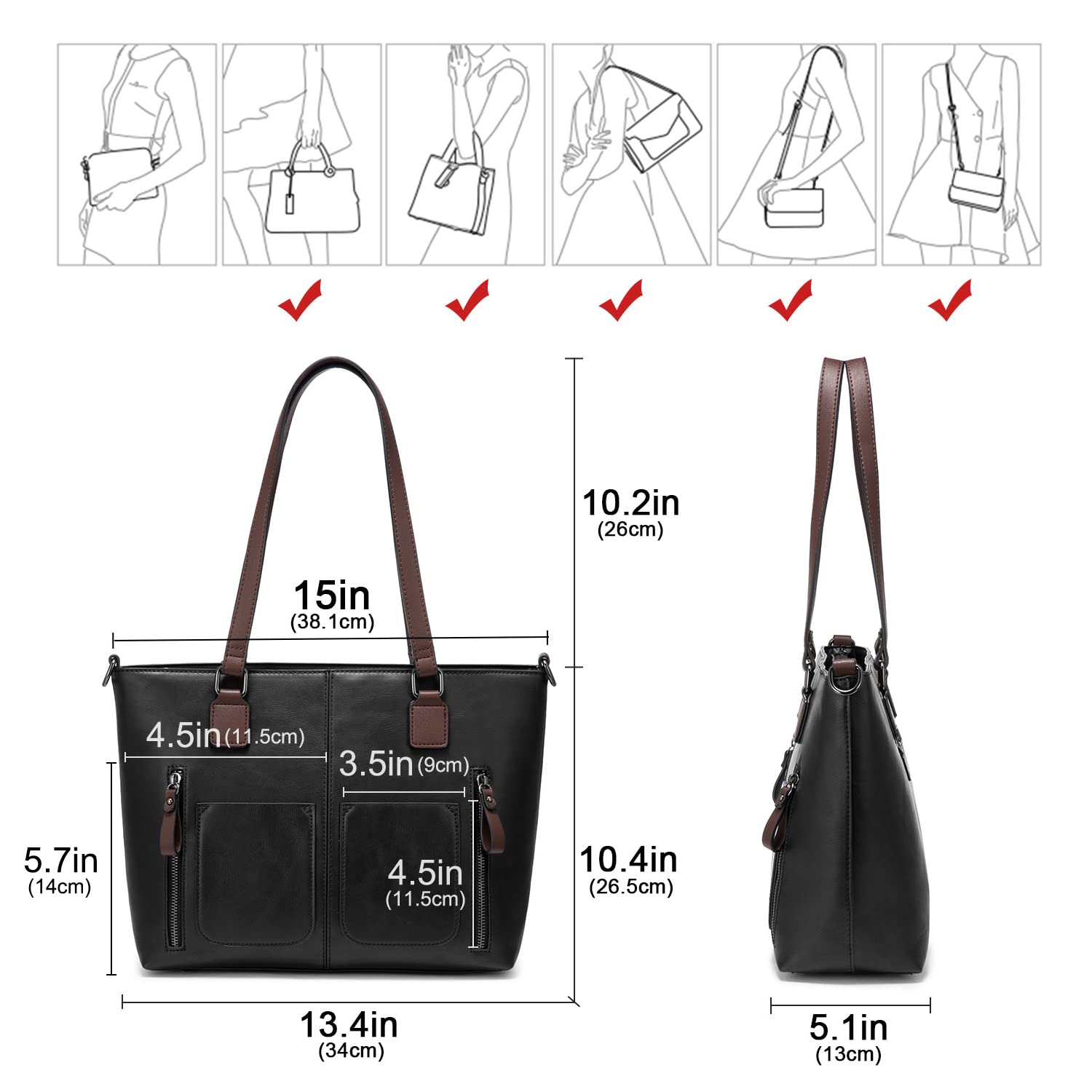 LOVEVOOK Purses Tote Bag for Women, Handbags Large Shoulder Bag, Leather Work Bags with Multi-Pockets, Designer Hobo Satchel: Medium-13.3 inch Black