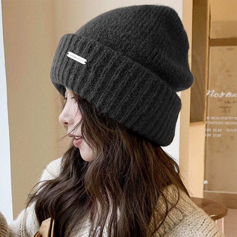 Winter Women Beanie Caps Solid Color Wool Knit Warm Hats Soft Elastic Loose Beanie Outdoor Windproof Ear Protection Cap