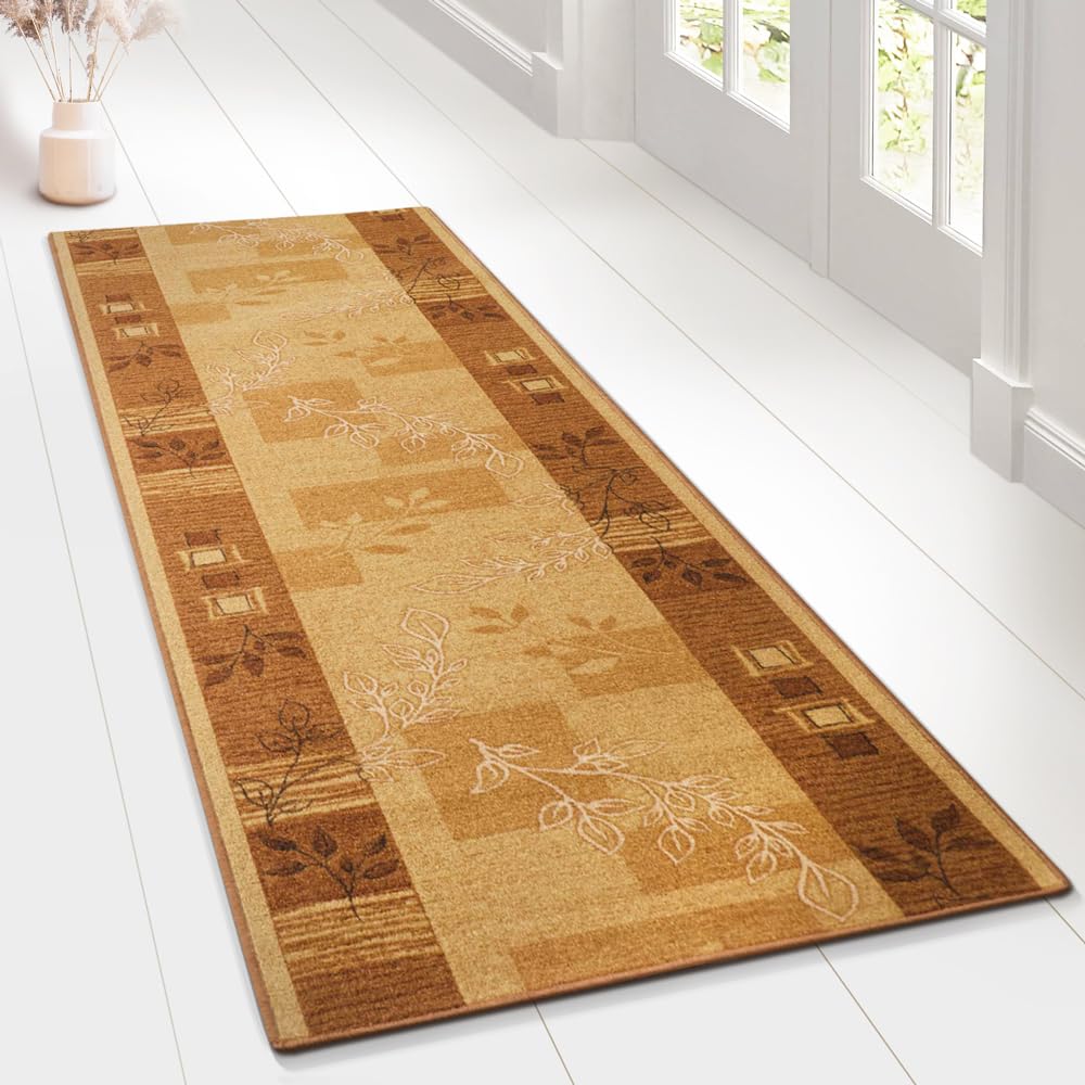 Floordirekt Carpet Runner with Pattern - Custom-Made Fine Loop Rug Runner for Kitchen, Hallway & Living Room - Ornament Vintage Orient Grid (80 x 200 cm, Accent Beige)
