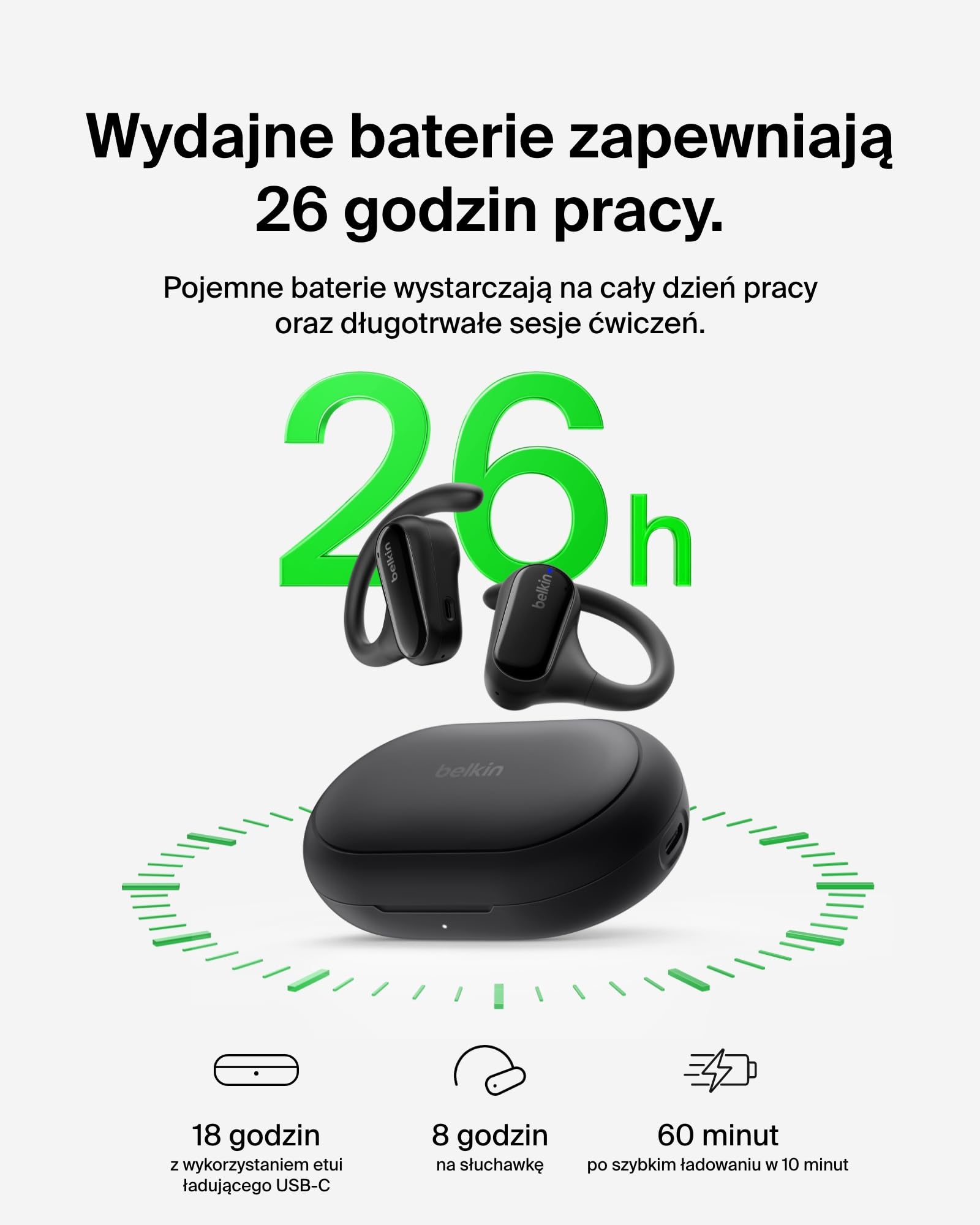 Belkin SoundForm ClearFit Bezprzewodowe Słuchawki Douszne typu Open-Ear, wodoodporne (IPX5) słuchawki bezprzewodowe sportowe Bluetooth, do jazdy na rowerze, wycieczek w góry, biegania – czarne