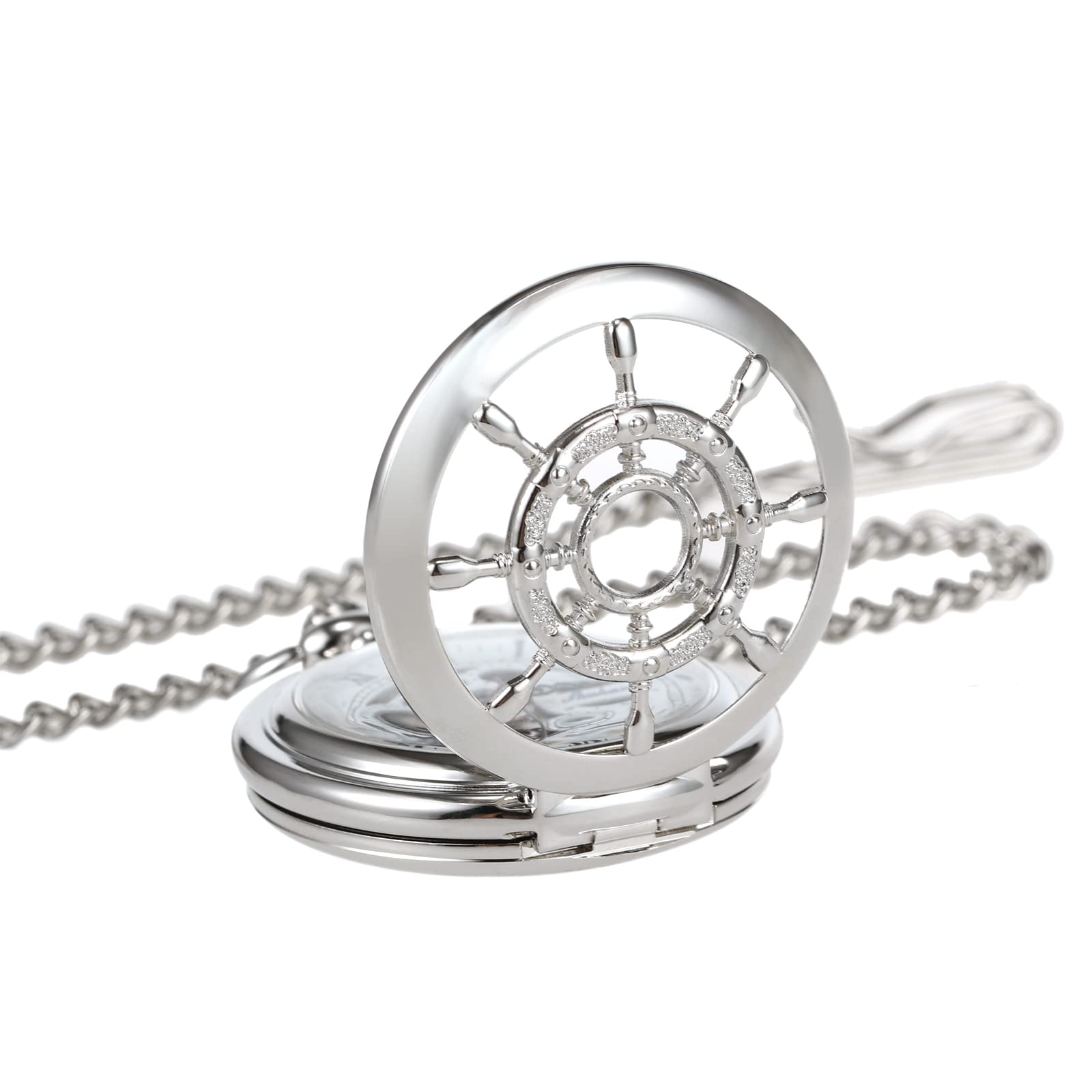 TREEWETO Reloj de Bolsillo Vintage Timón Hueco Mecánico Steampunk Esqueleto Números Romanos Reloj de Bolsillo con Cadena para Hombres Mujeres