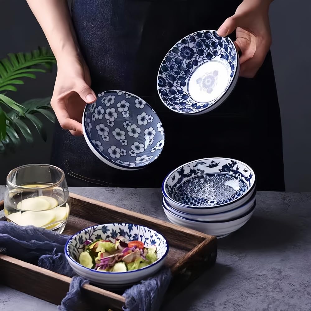 Zestaw misek ceramicznych, 6-częściowy 13 cm, niebiesko-białe miski do ryżu i zupy, zastawa stołowa w stylu azjatyckim