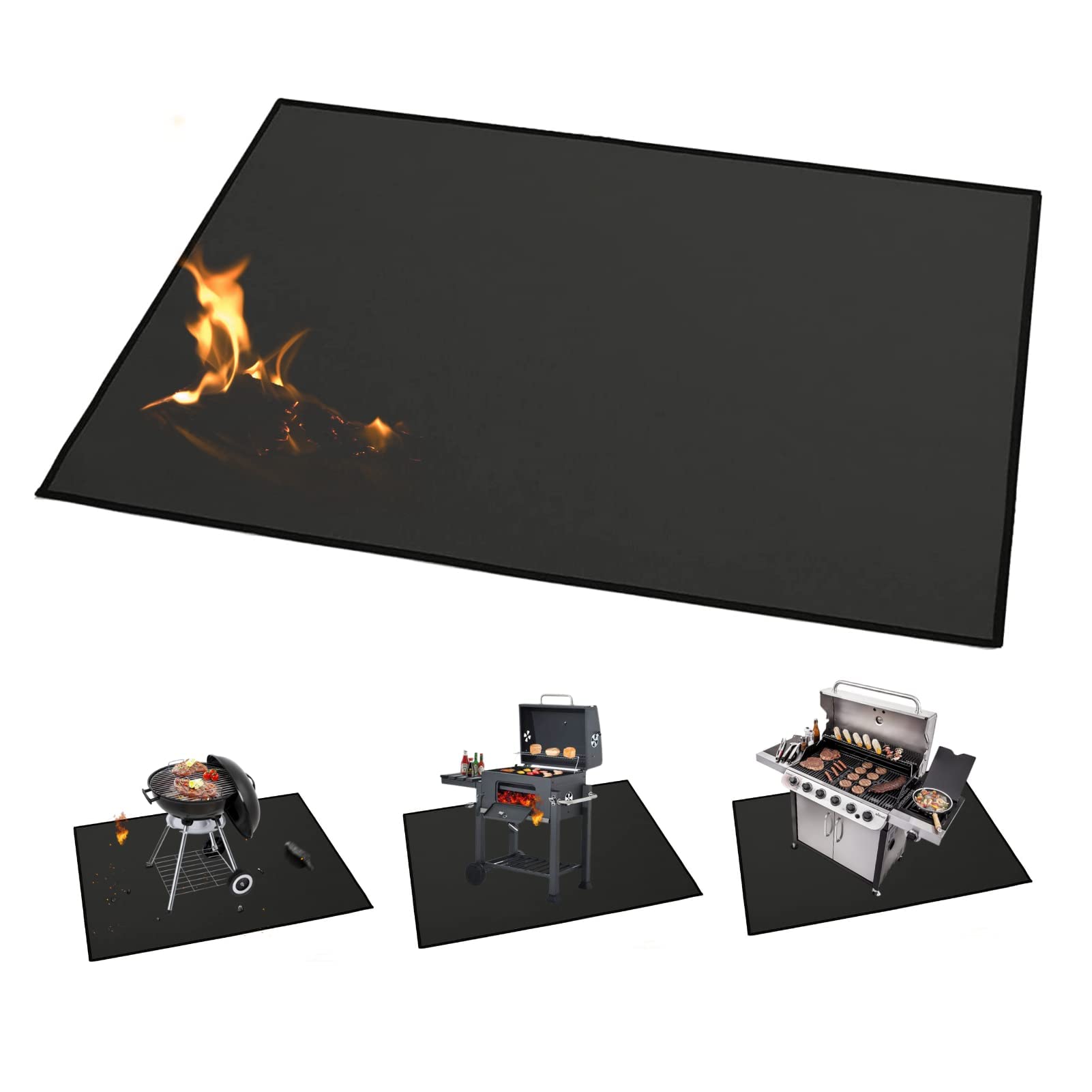 Alfombrilla de parrilla para exteriores, 150 x 102 cm, impermeable, resistente al aceite, soporte ignífugo, doble cara, reutilizable, cuadrada, negro