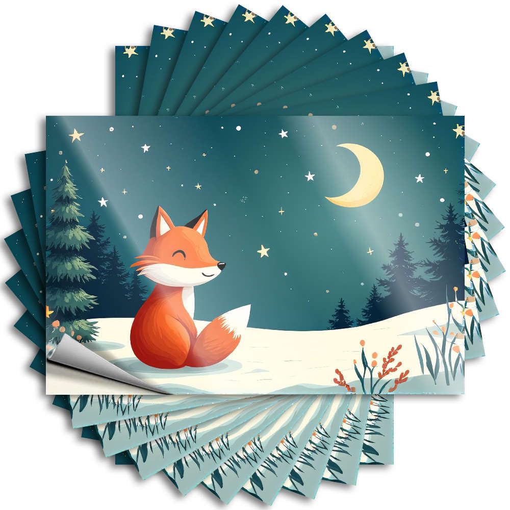 Fzfn Boys Colour A Cute Fox Sitting In A Snowy Forest Under A Starry Night Sky. Fall Restroom Decor - Bumper Door Removable Vinyl Decal(8X12cm)