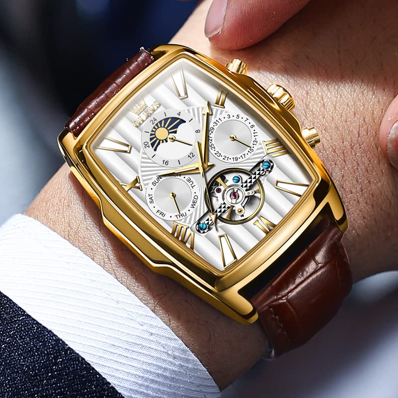 OLEVS Automatic Mechanical Watches for Men Brown Leather Strap Dress Moon Phase Tourbillion Day Date Waterproof Luminous Wrist Watch