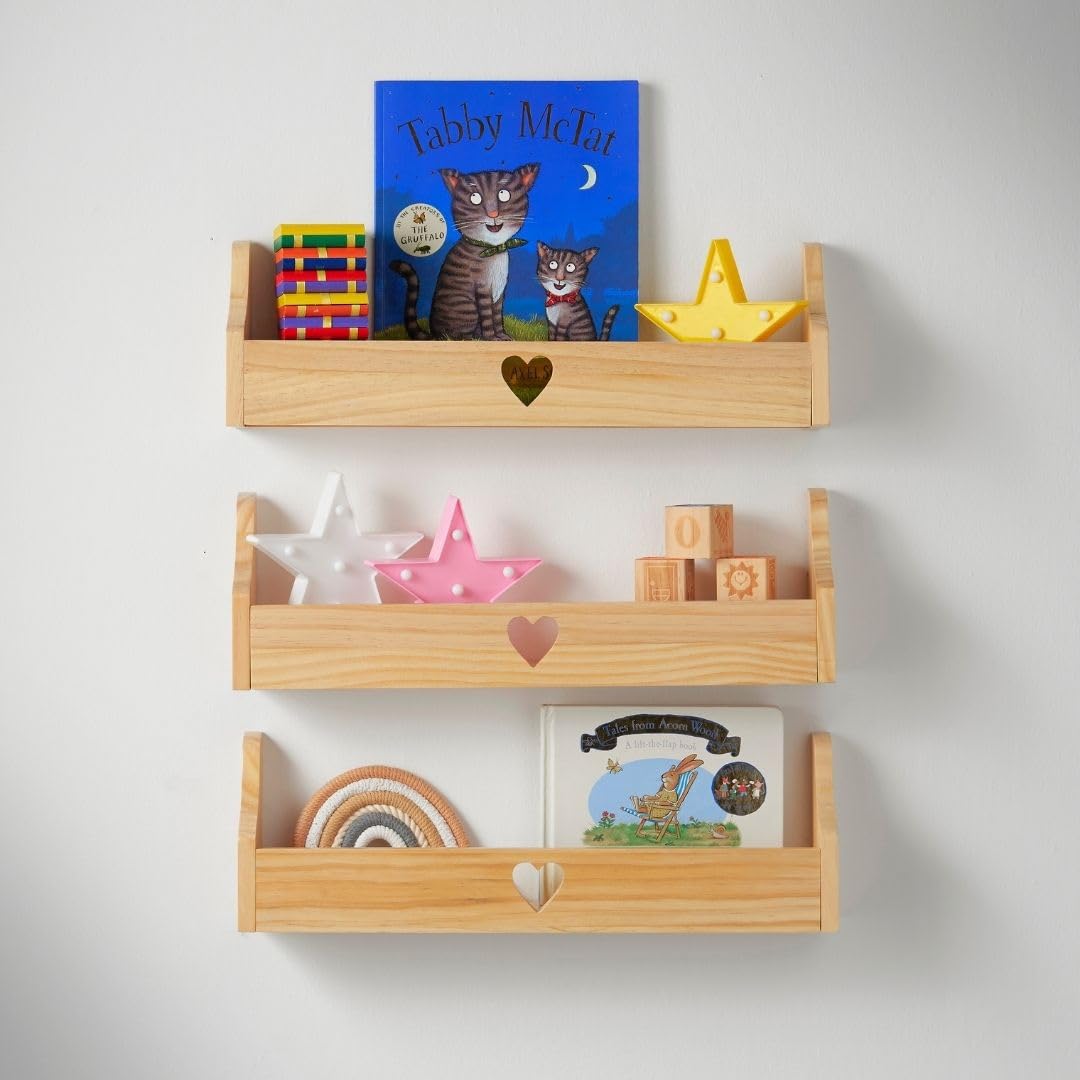 Haus Projekt Wall Shelf (3 Pack Pine) Children’s star Floating Bookshelf Organiser, Nursery Decor, Wall Mounted Wooden Storage Solution, Shelves for kids playroom. Natural & Ready to Paint 50x10x16cm